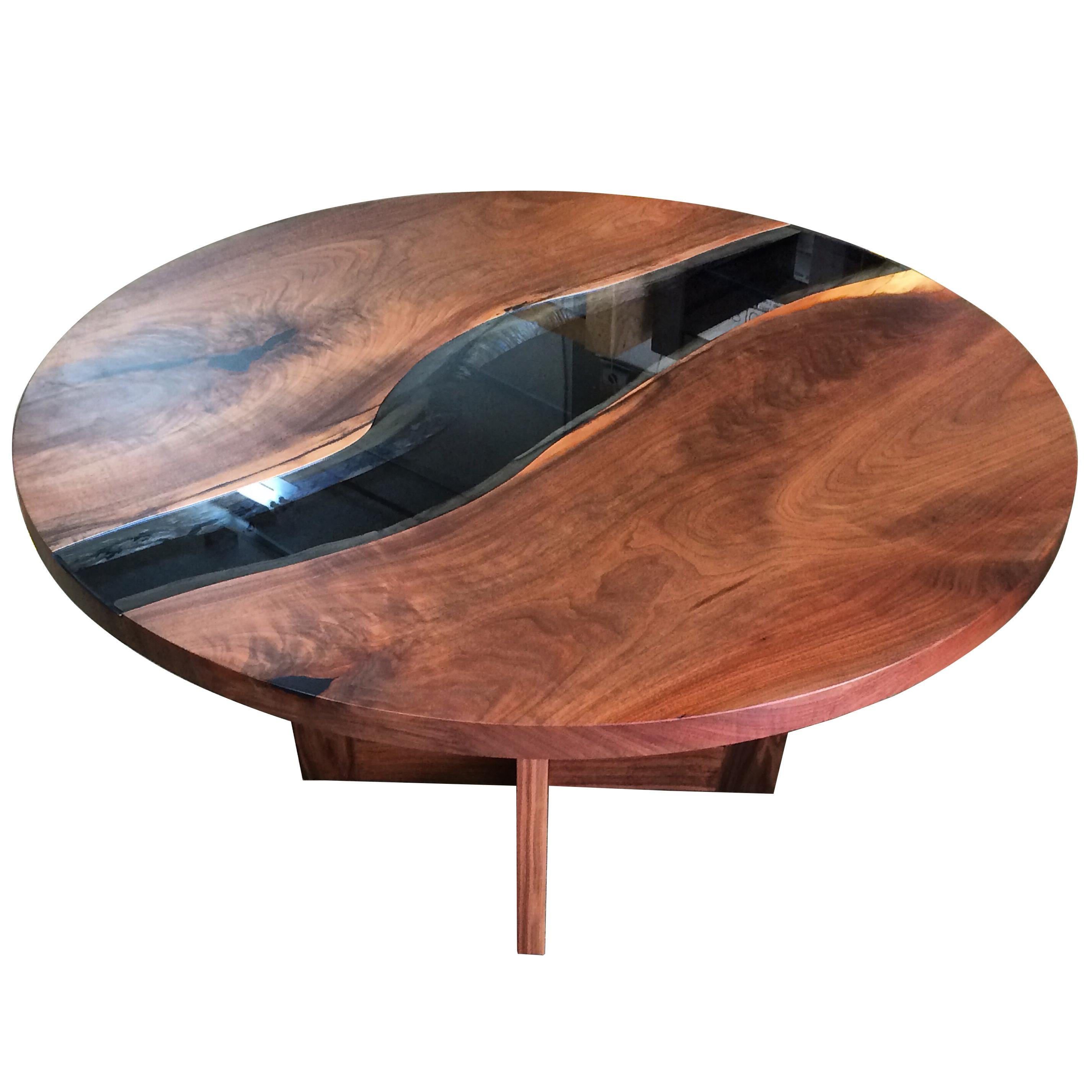Live Edge Round Dining Table Made from Solid Walnut with Glass River Feature For Sale