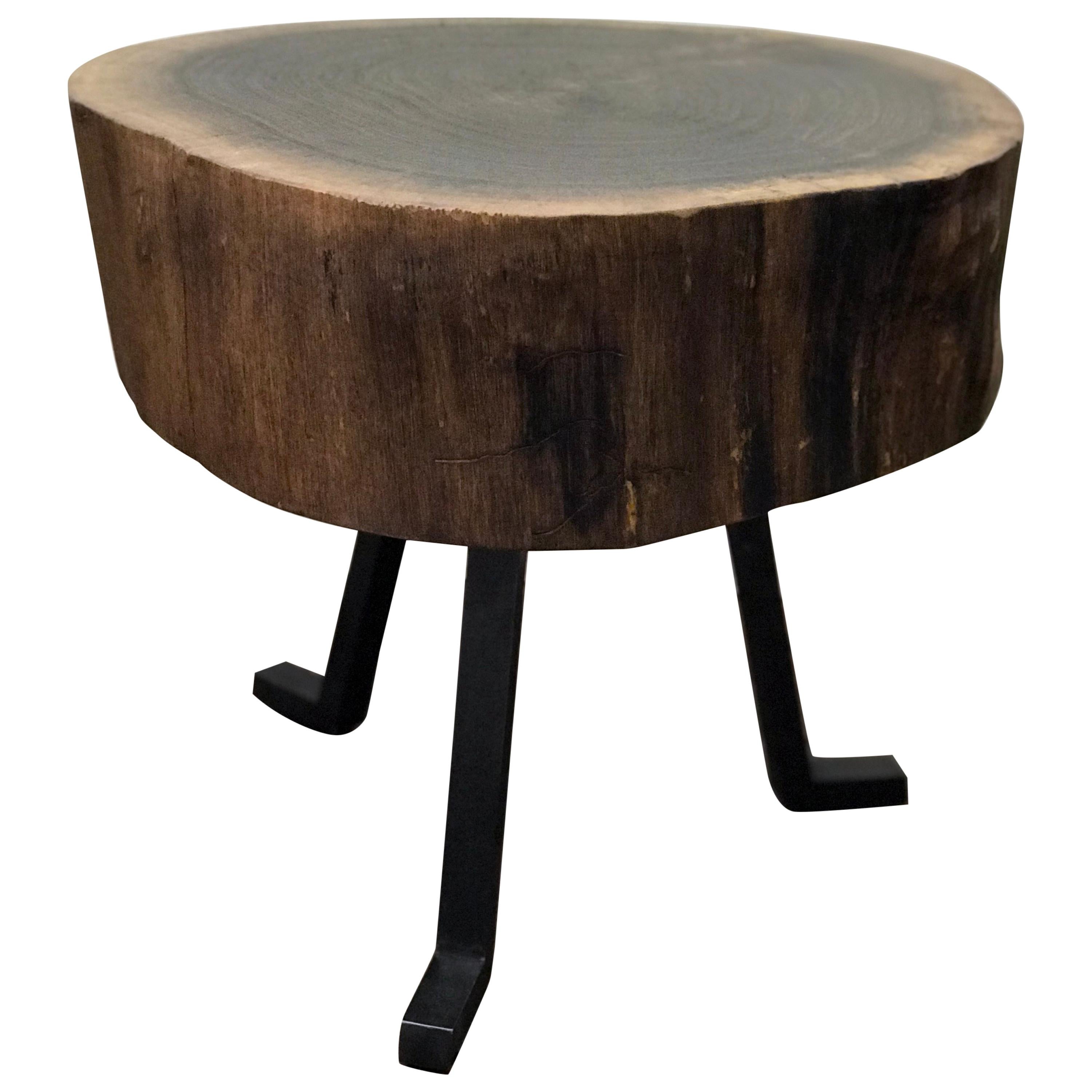 Live Edge Round Side Table Solid Walnut with Black Patina Steel Legs