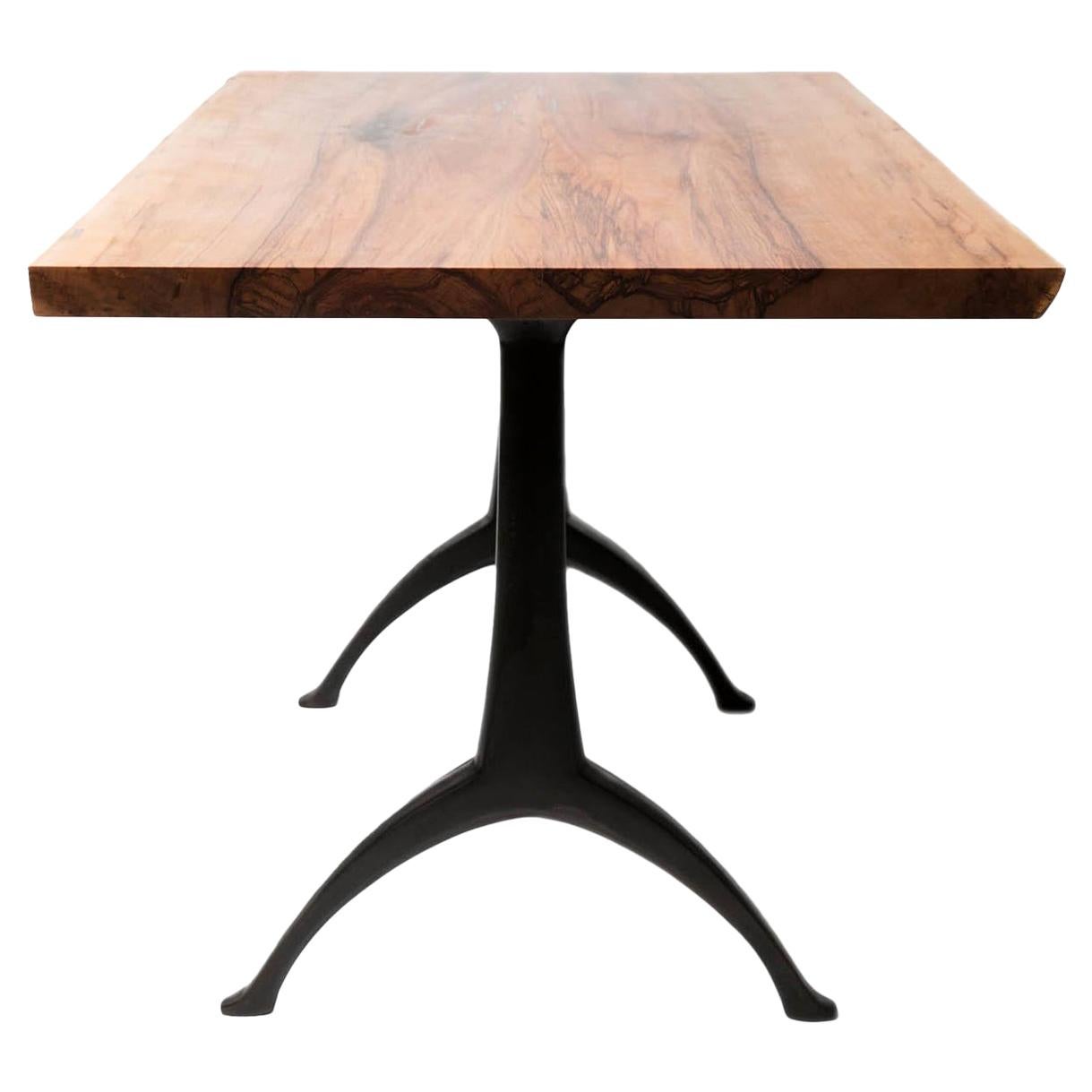 Live Edge Satin Walnut (Sweet Gum) Dining Table Cast Iron Legacy (Wishbone) Base For Sale