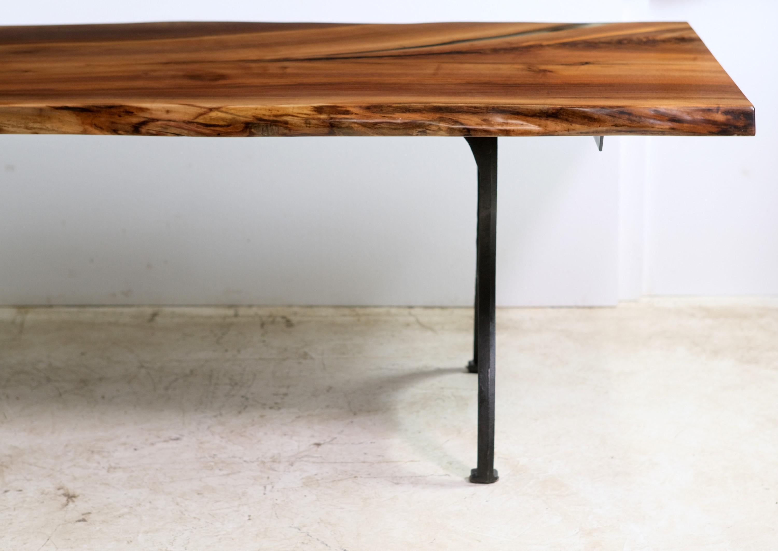 Live Edge Single Slab Walnut Dining Table Industrial Cast Iron Brooklyn Legs In New Condition In New York, NY
