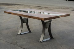 Live Edge Slab Dining Table in Walnut with Glass River and Curved Steel Legs