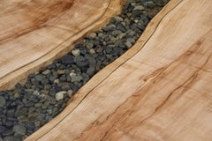 Live Edge Slab Dining Table with River Rocks and Glass