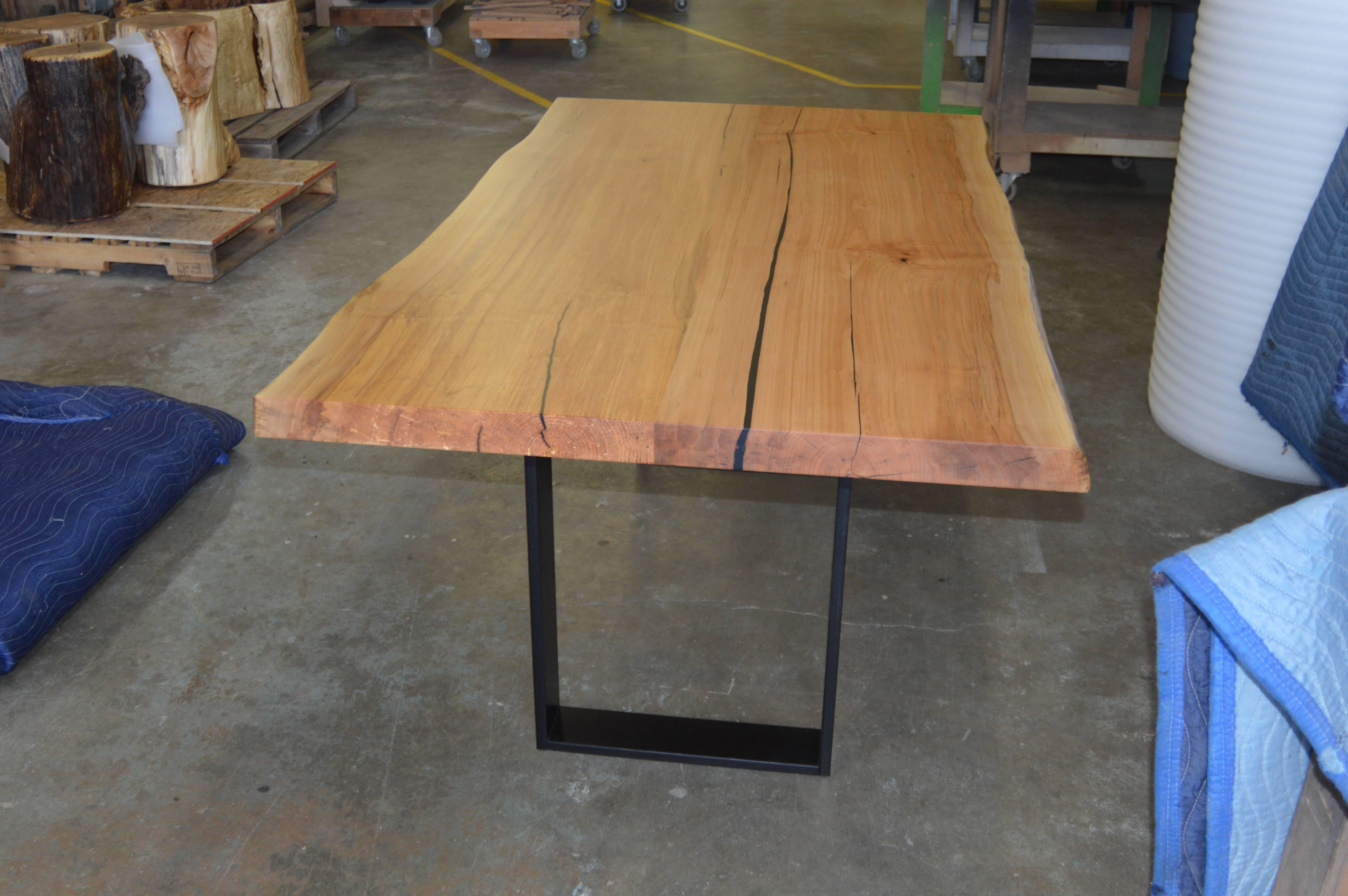 Hand-Crafted Live Edge Slab Dining Table with Steel Base For Sale