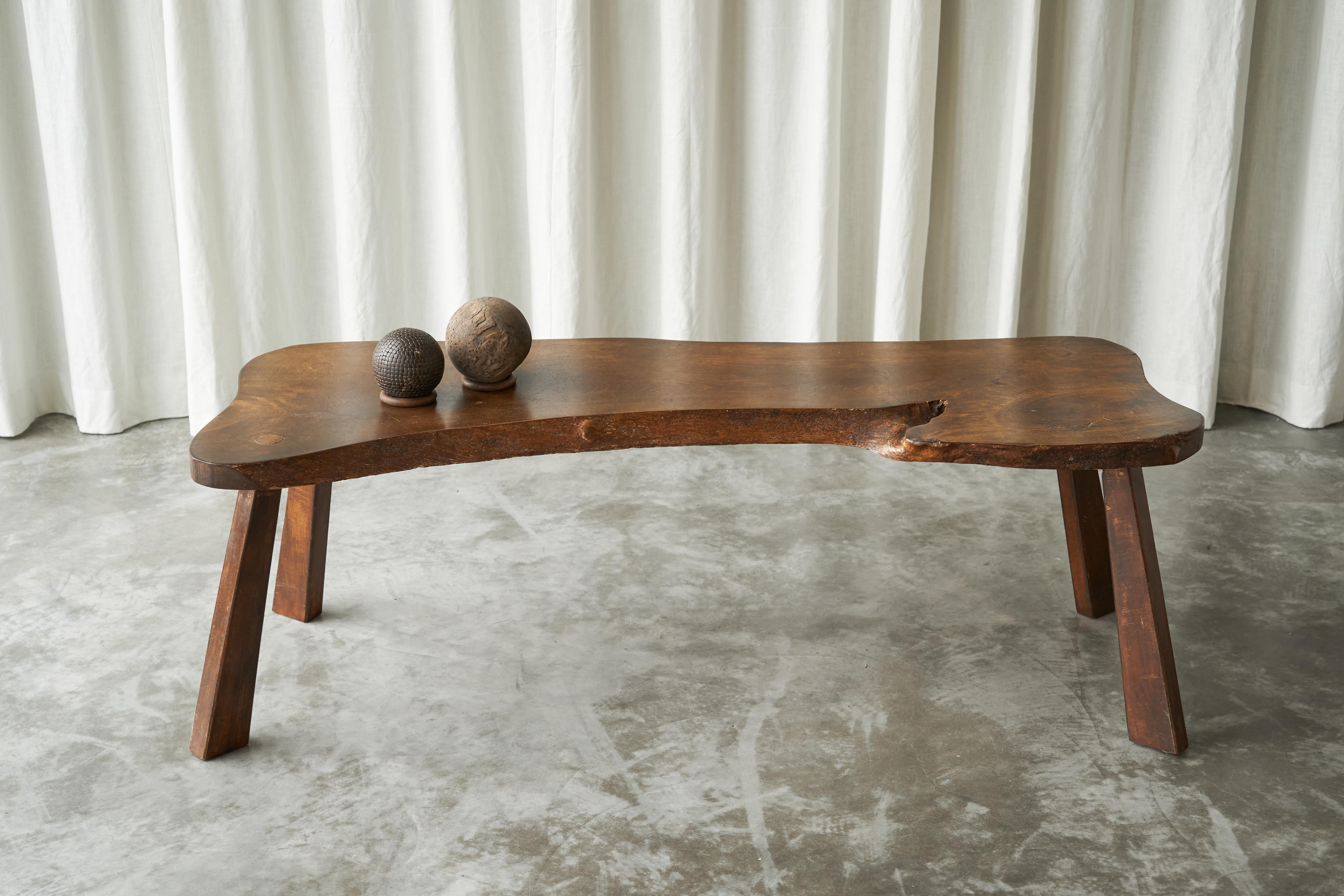European Live Edge Solid Elm Wood Coffee Table 1950s For Sale