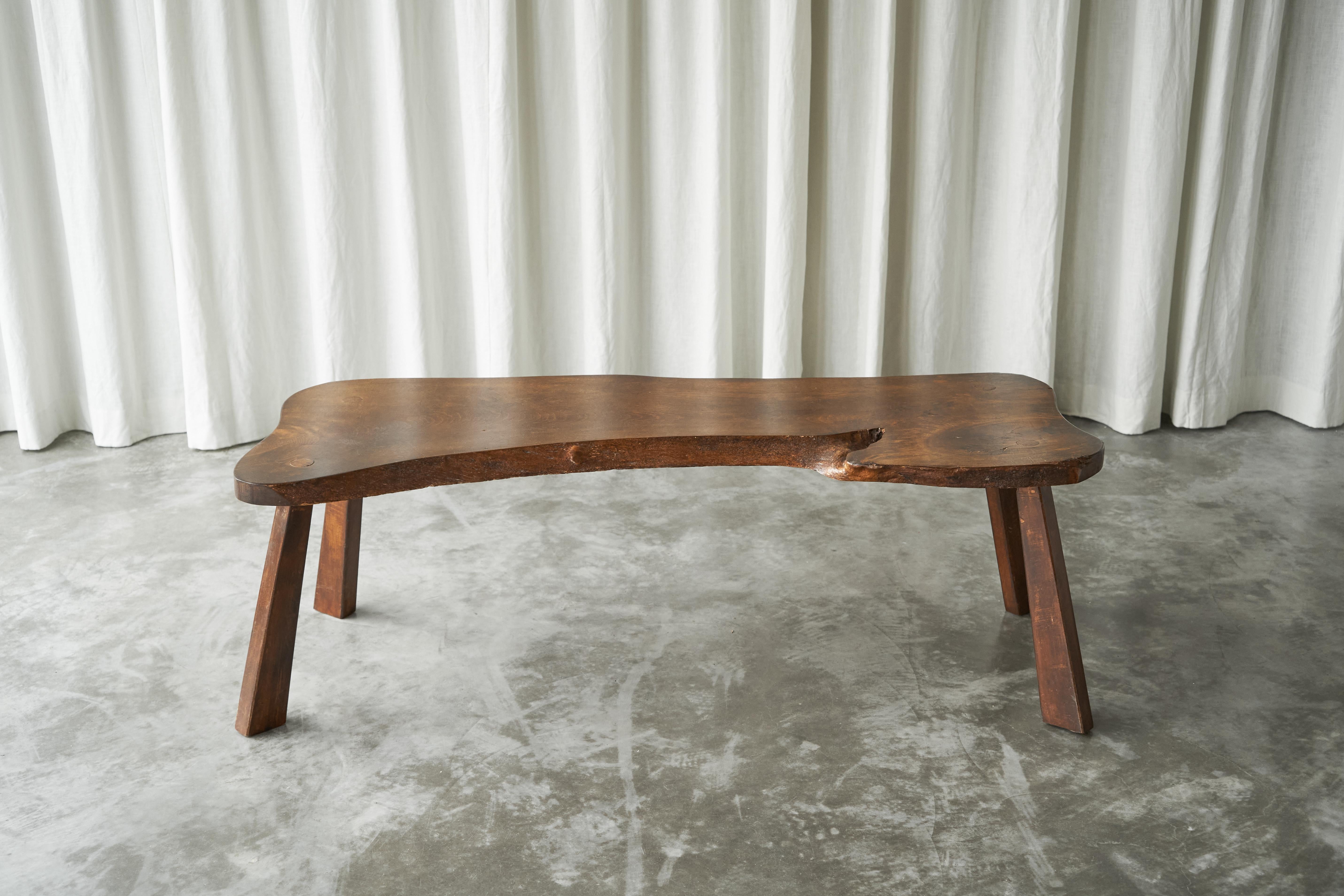 Live Edge Solid Elm Wood Coffee Table 1950s For Sale 2