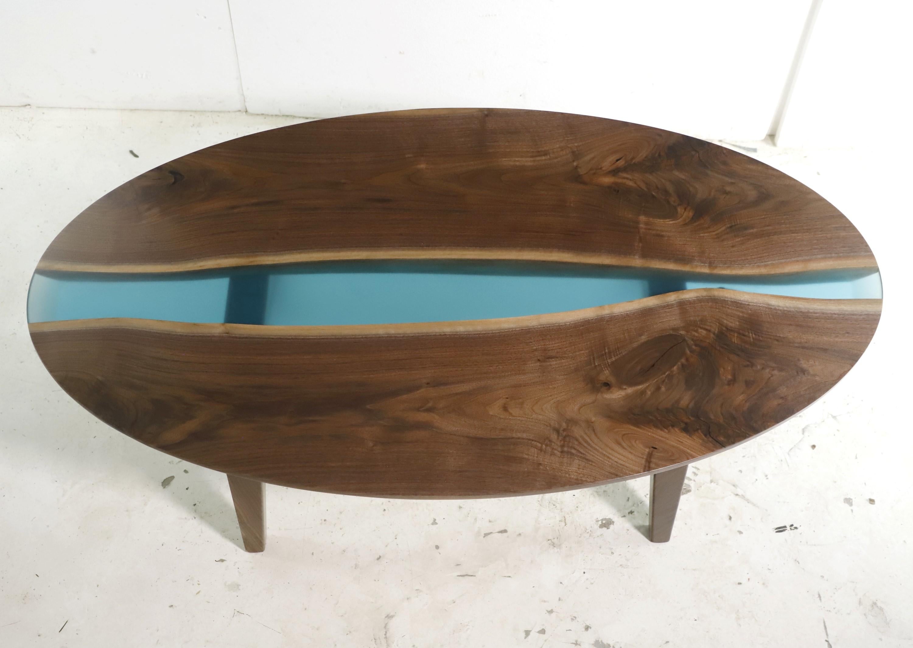 Modern Live Edge Solid Walnut + Resin Oval Coffee Table