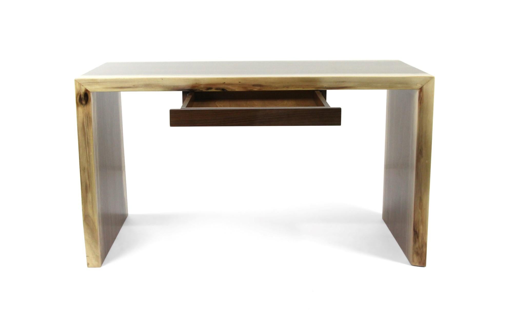 American Live Edge Solid Walnut Waterfall Desk with Slab Legs and Single Drawer