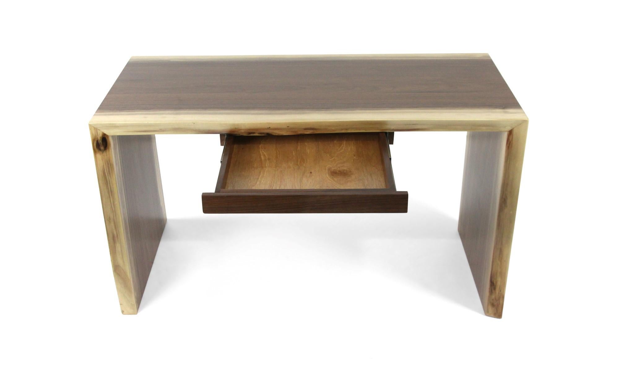 Live Edge Solid Walnut Waterfall Desk with Slab Legs and Single Drawer In New Condition In New York, NY