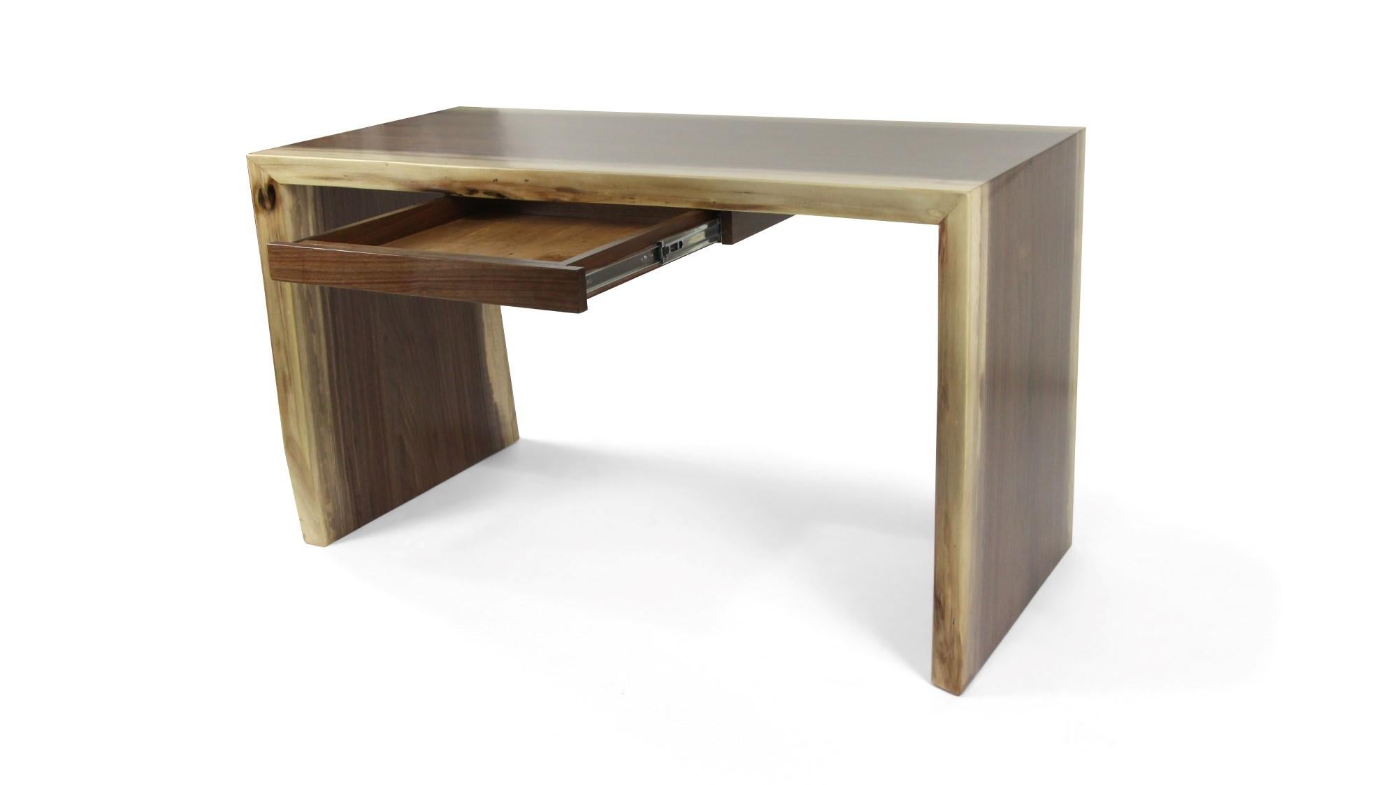 Contemporary Live Edge Solid Walnut Waterfall Desk with Slab Legs and Single Drawer