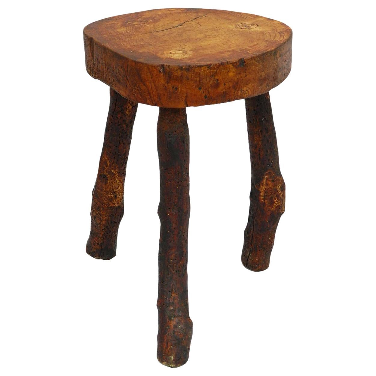 Live Edge Stool Olive Primitive Brutalist French circa 1920 Vine Root