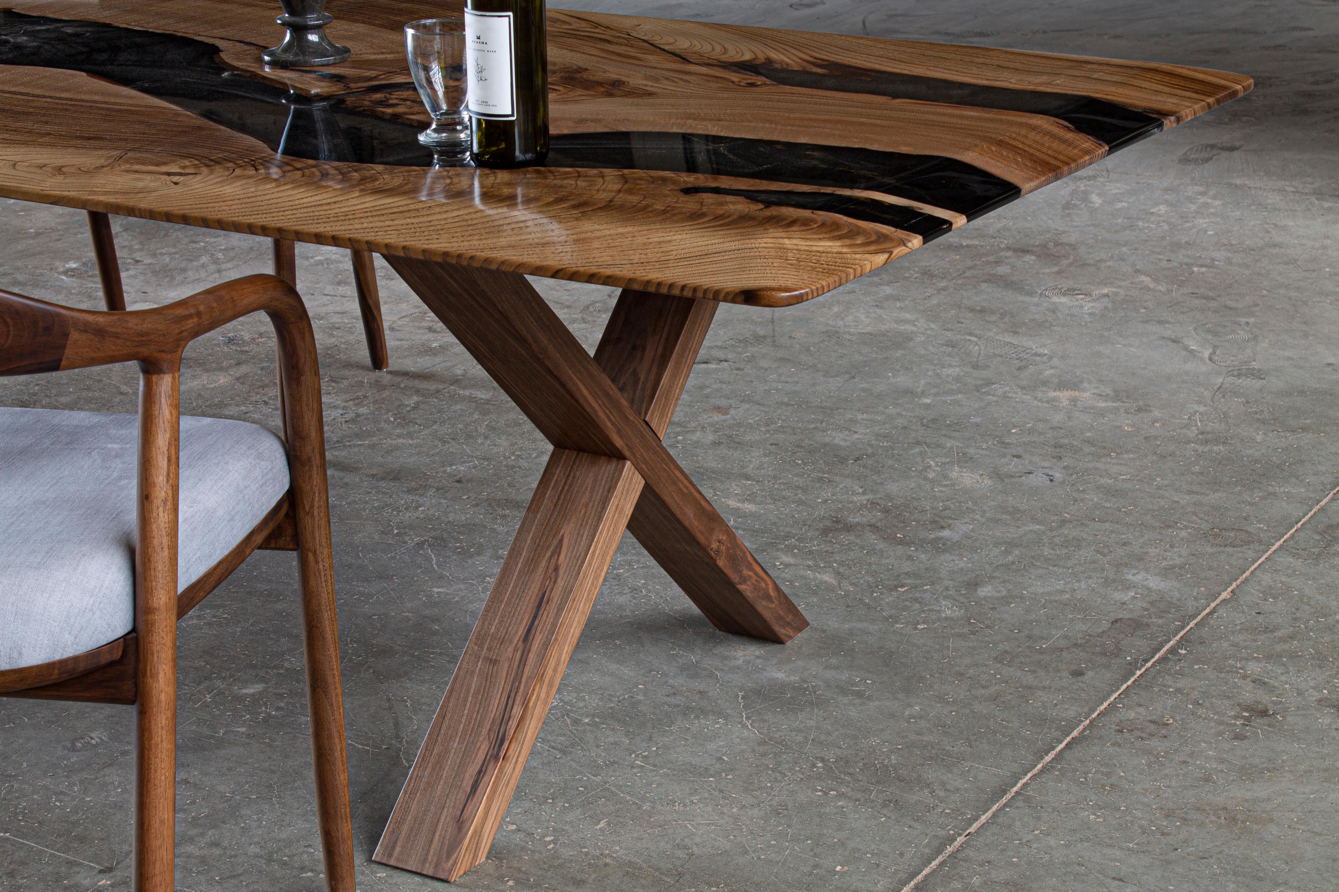 Brushed Live Edge Table Epoxy - Resin Dining Table - Custom Epoxy Resin Walnut Table For Sale