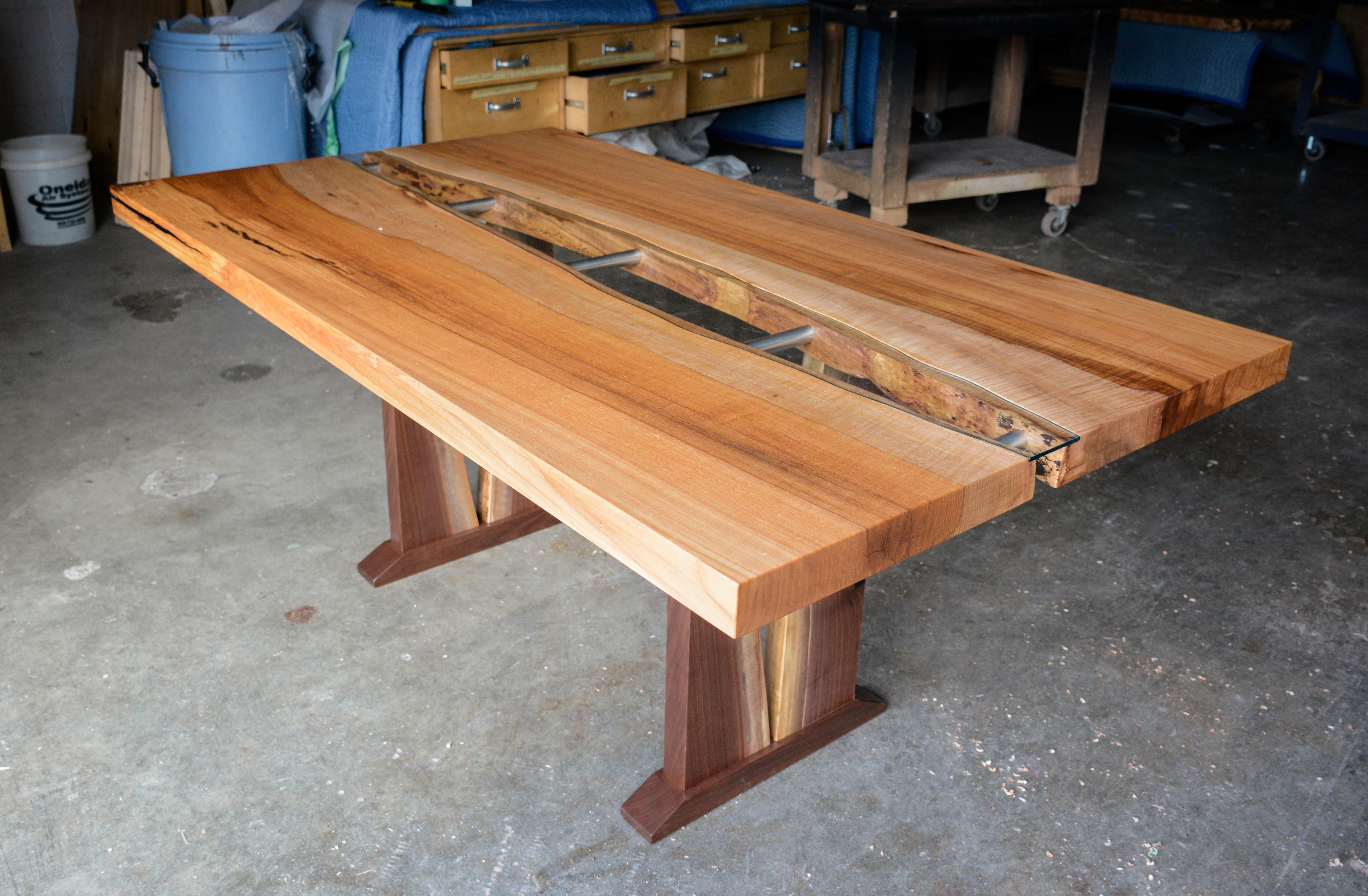 Live Edge Table from Solid Pecan Glass River and Walnut Base with Steel Supports For Sale 3