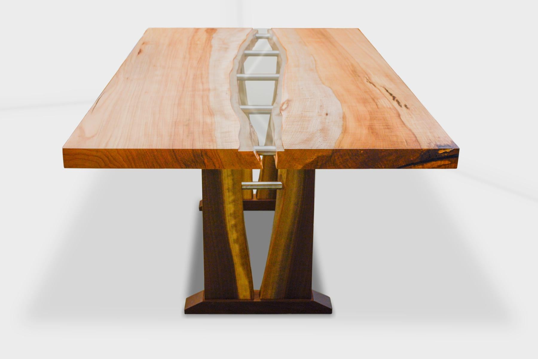 Live Edge Table from Solid Pecan Glass River and Walnut Base with Steel Supports For Sale 9
