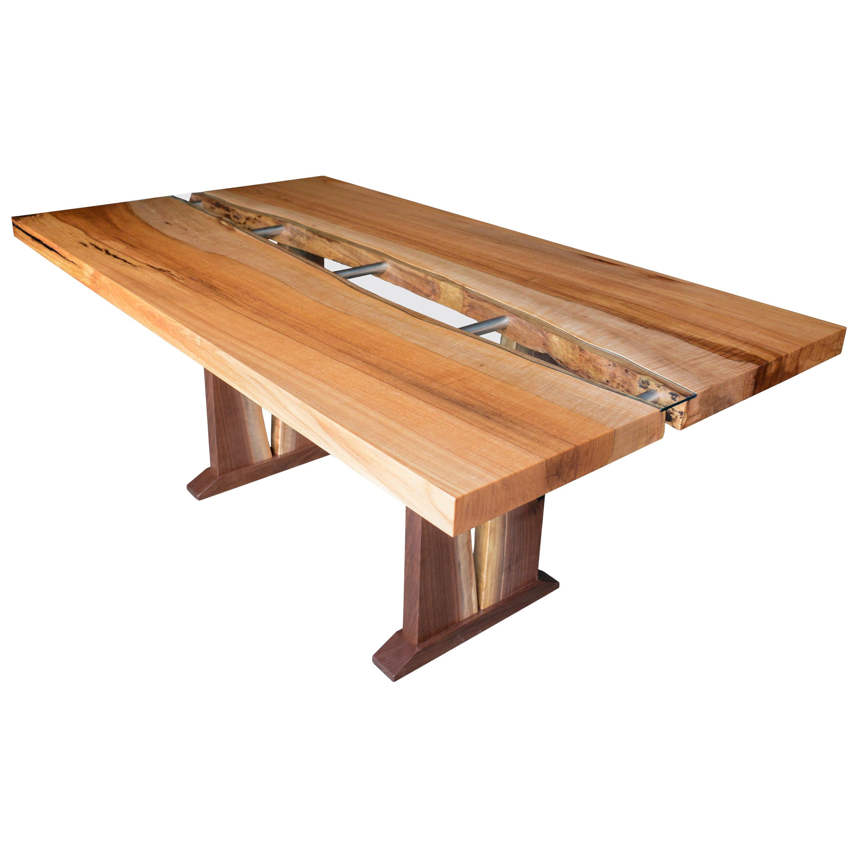 Live Edge Table from Solid Pecan Glass River and Walnut Base with Steel Supports For Sale