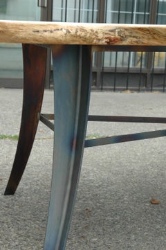 Live Edge Table Made of Maple with Blued Steel Base and Ebony Butterfly Joints