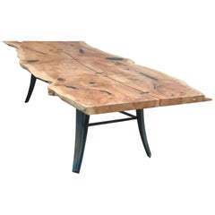 Live Edge Table Made of Maple with Blued Steel Base and Ebony Butterfly Joints