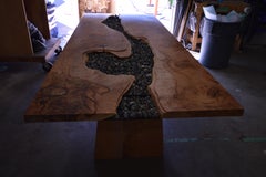 Live Edge Table Made of Solid Maple with Glass River with Rocks and Tapered Base
