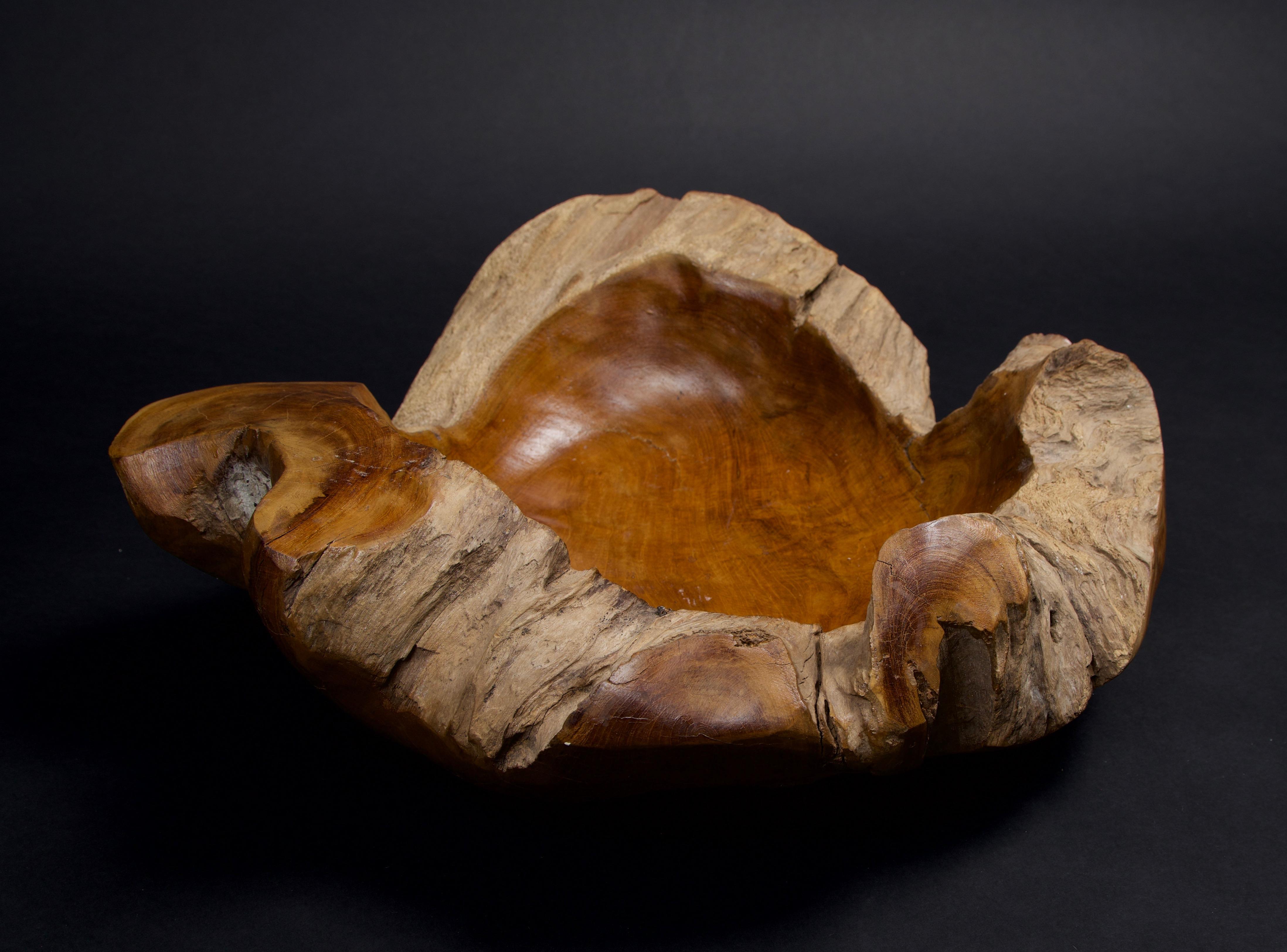 This bowl is hand carved from a teak root, leaving the live edge to give the bowl a unique organic shape. The inside and the outside of the bowl is waxed to give a smooth finish while the rim of the bowl is left untouched to preserve the natural
