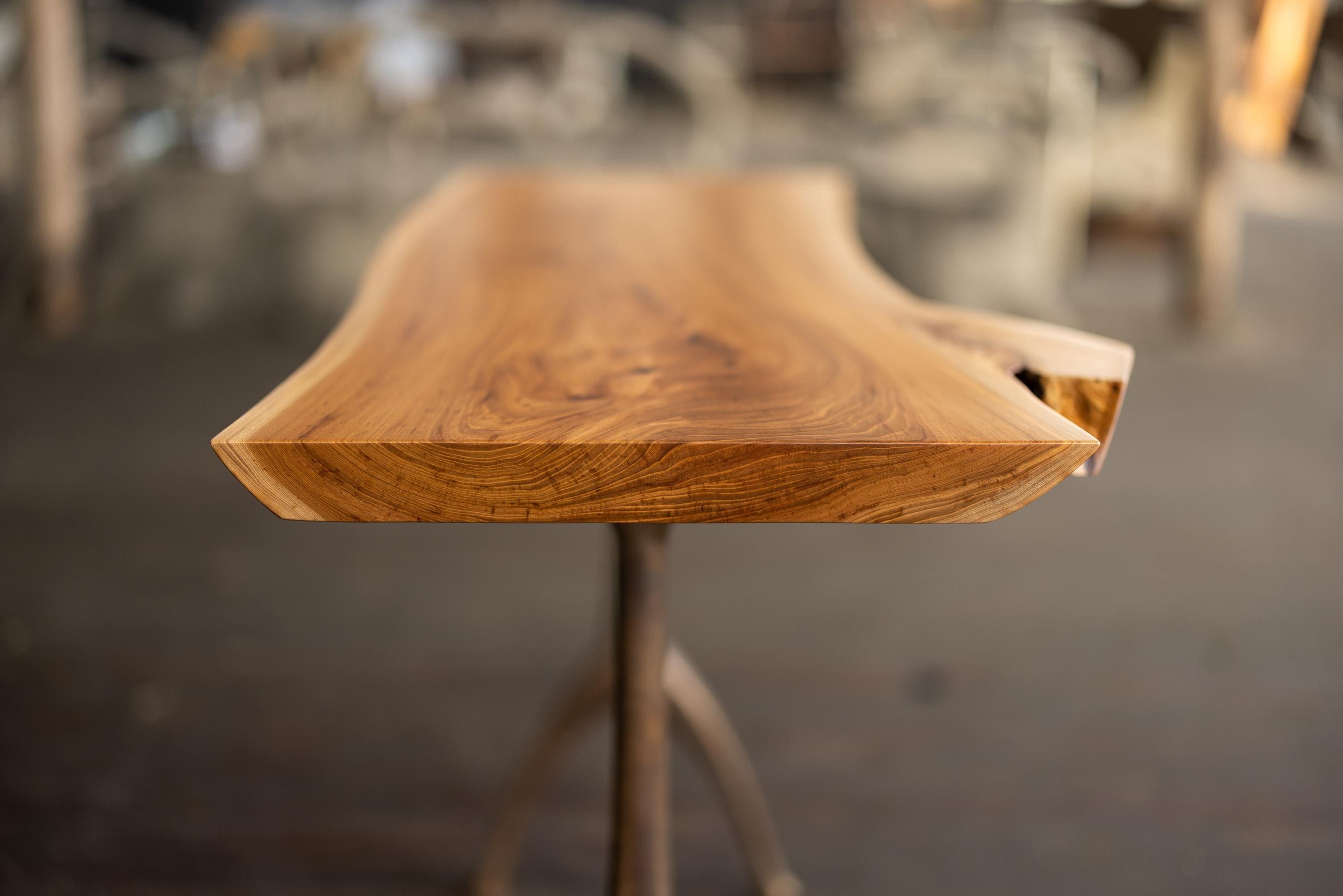 Live Edge Urban Elm Wood + Cast Bronze Console Table Lakehouse Pedestal Table For Sale 5