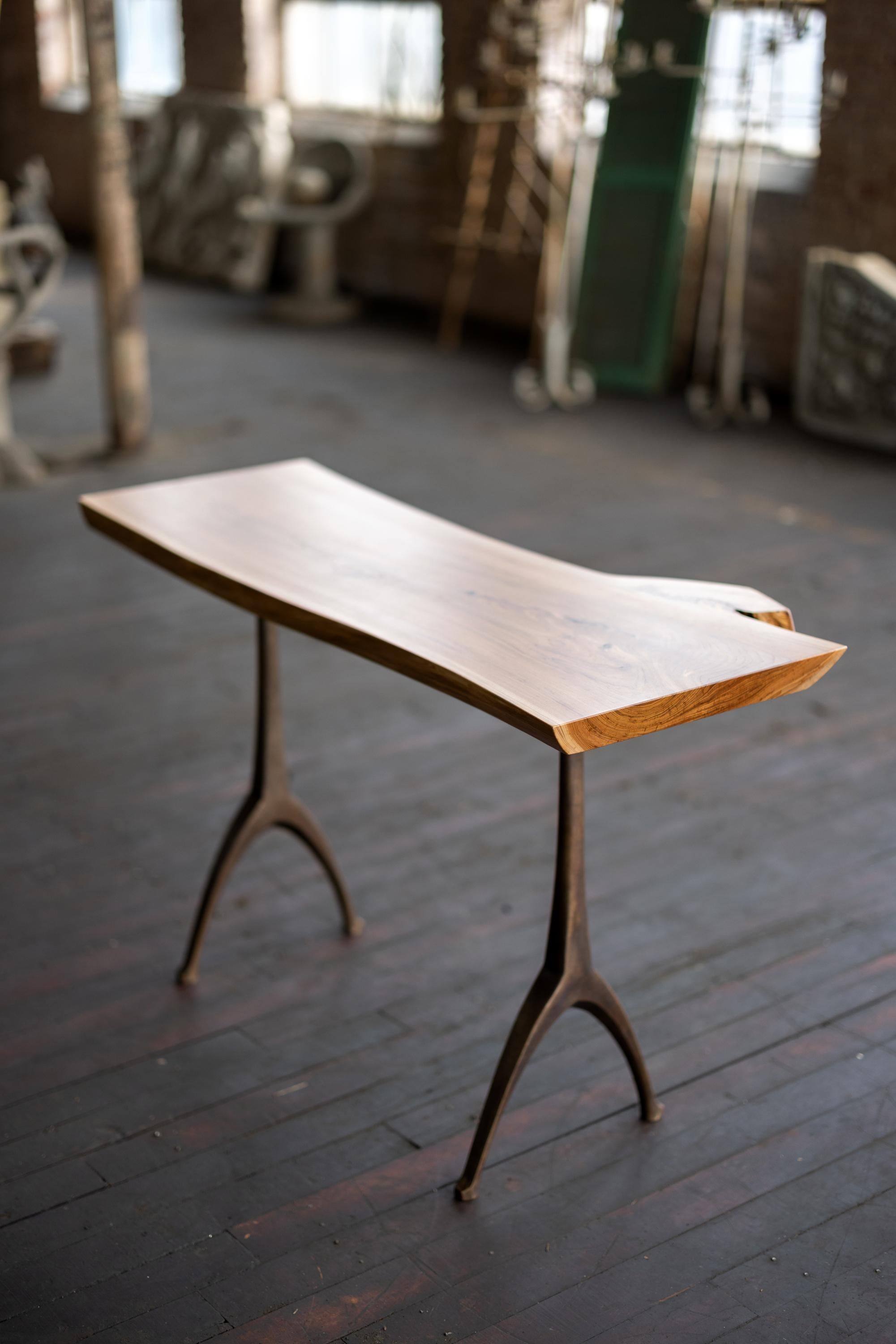 American Live Edge Urban Elm Wood + Cast Bronze Console Table Lakehouse Pedestal Table For Sale