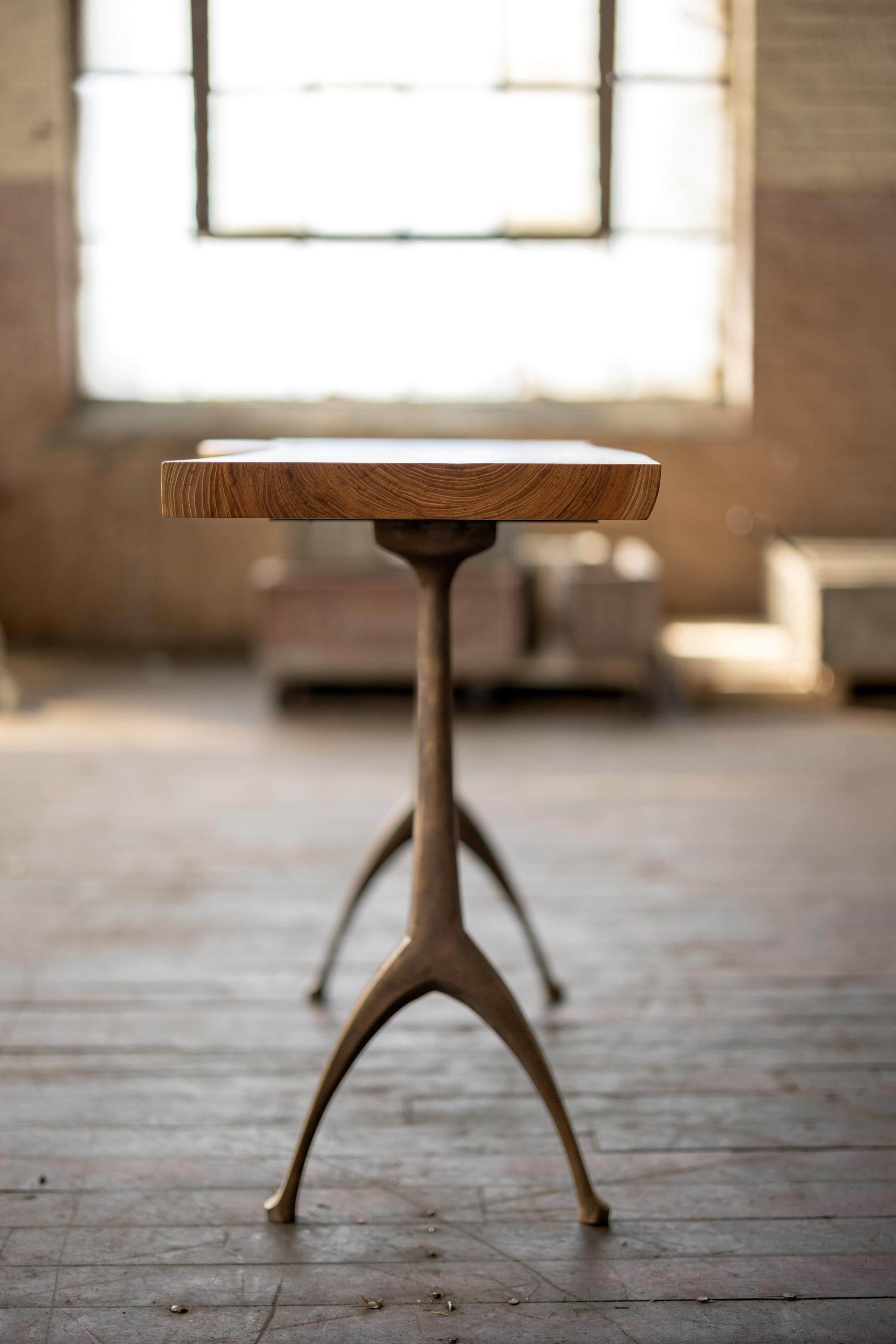 Live Edge Urban Elm Wood + Cast Bronze Console Table Lakehouse Pedestal Table For Sale 2