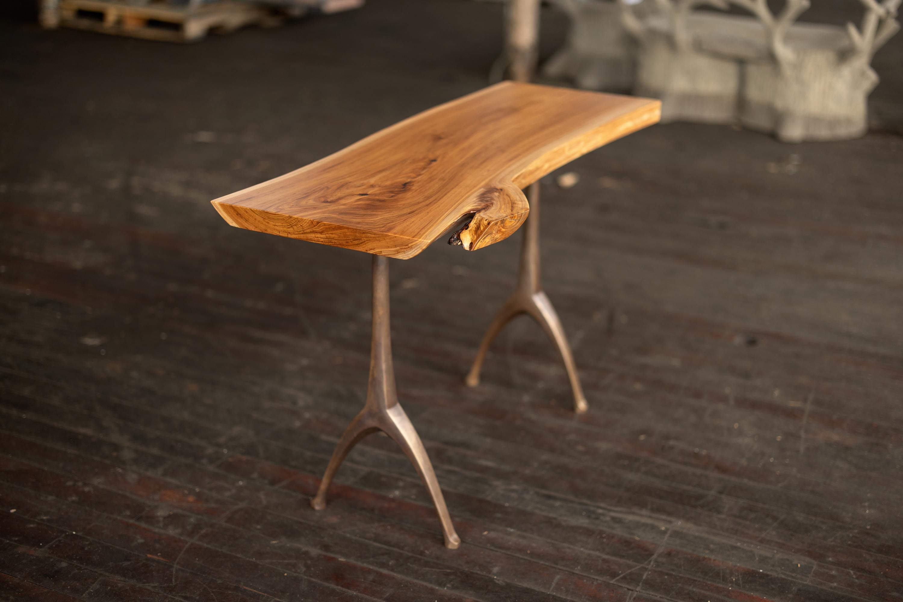 Live Edge Urban Elm Wood + Cast Bronze Console Table Lakehouse Pedestal Table For Sale 3
