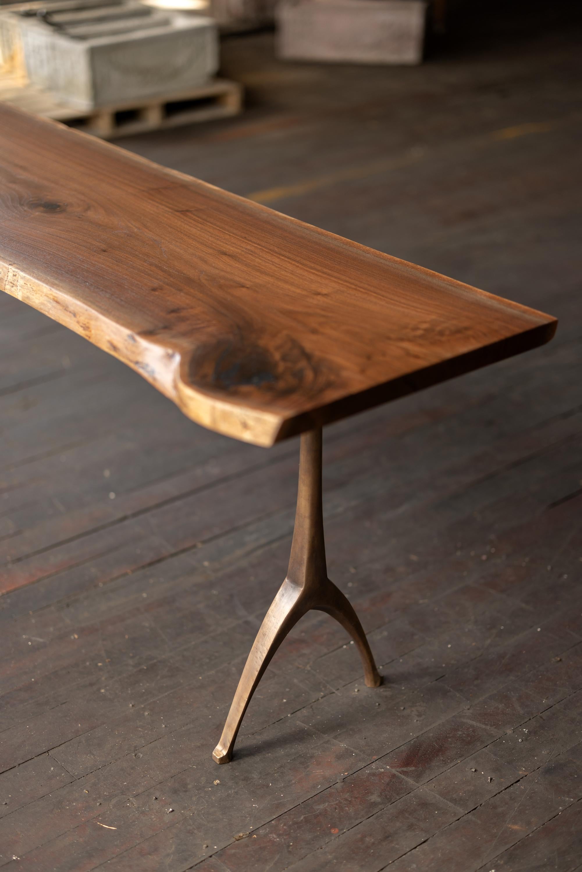 Contemporary Live Edge Urban Walnut + Cast Bronze Console Table Lake House Pedestal Table For Sale