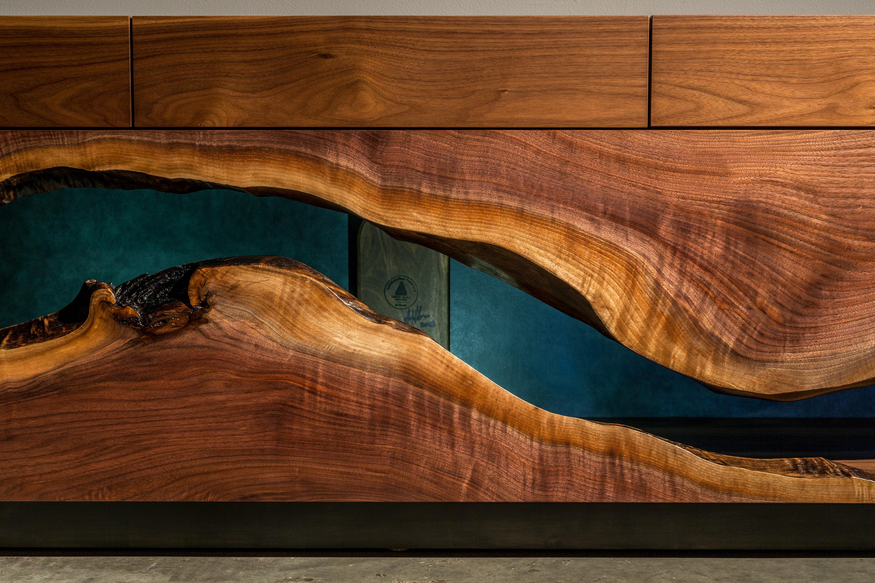 American Live Edge Walnut Credenza on a Black Steel Base 