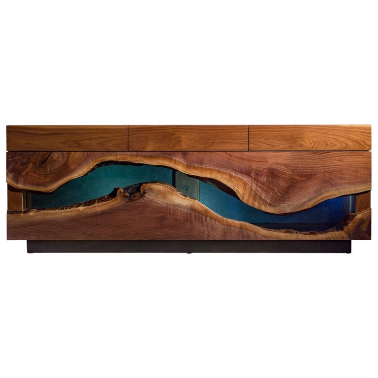 Live Edge Walnut Credenza on a Black Steel Base "St. Clair Credenza" For Sale