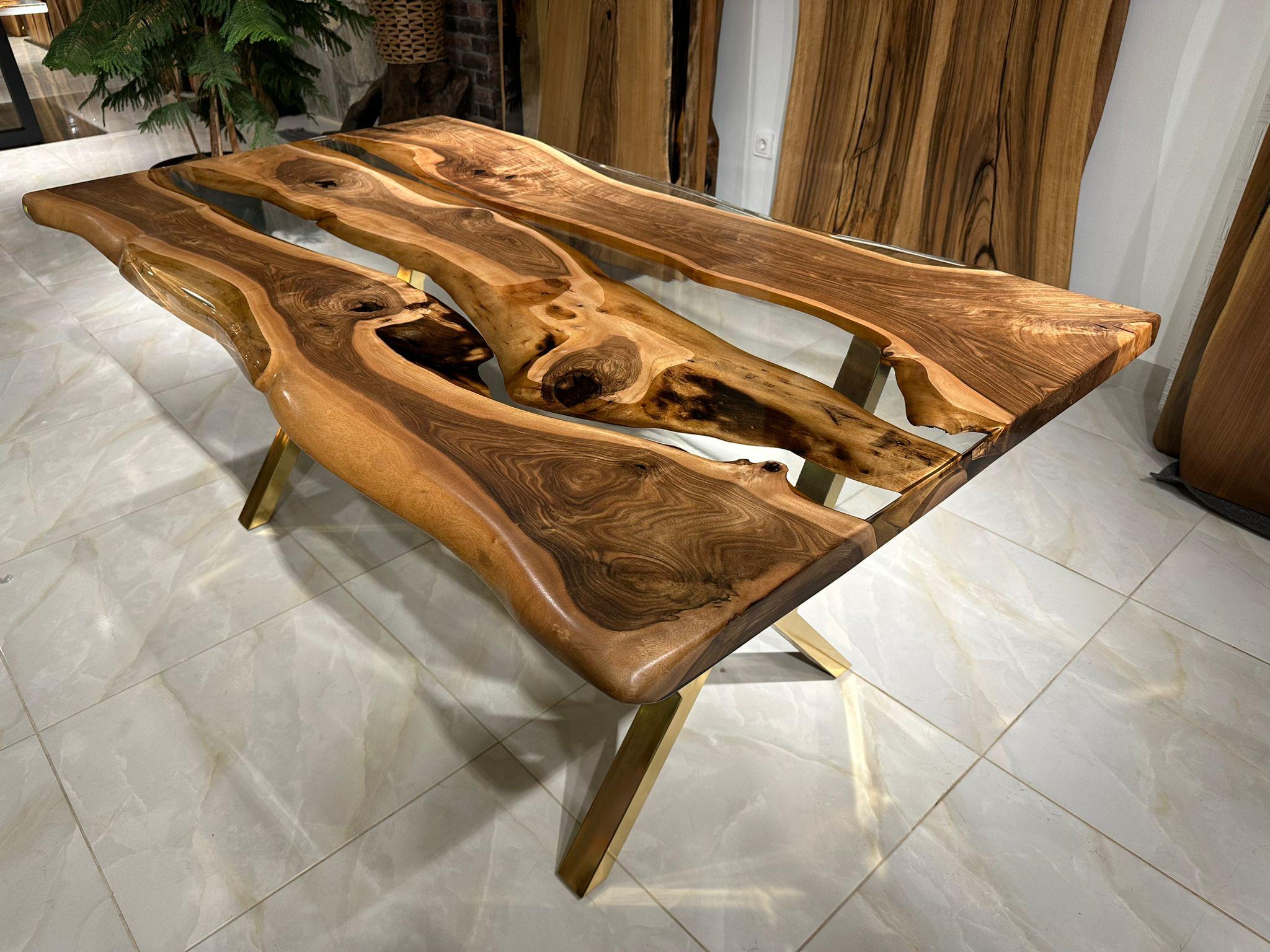 Polished Live Edge Walnut Root Modern Resin Custom Wood Table For Sale