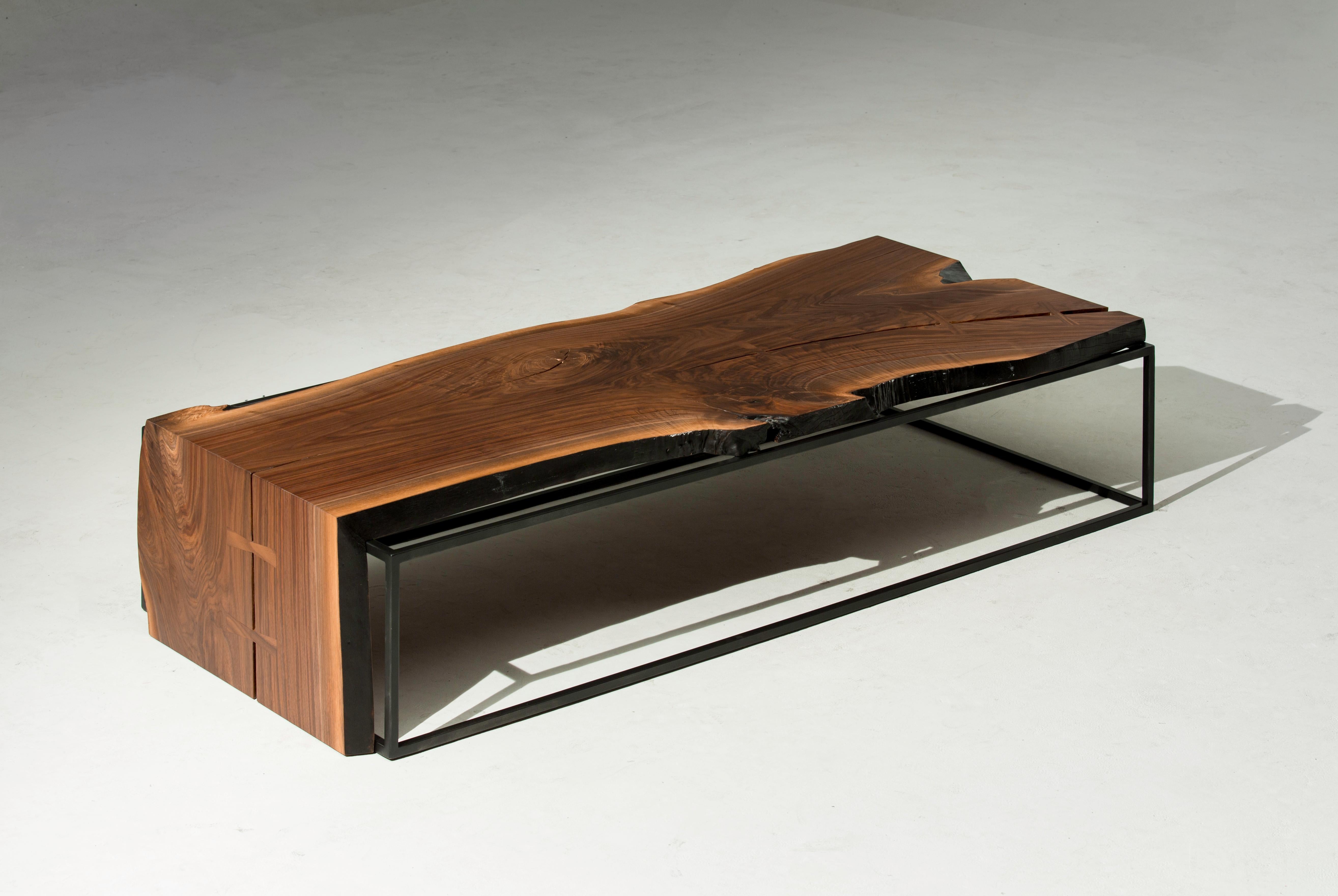 Organic Modern Live Edge Walnut Slab Coffee Table on Matte Black Base 