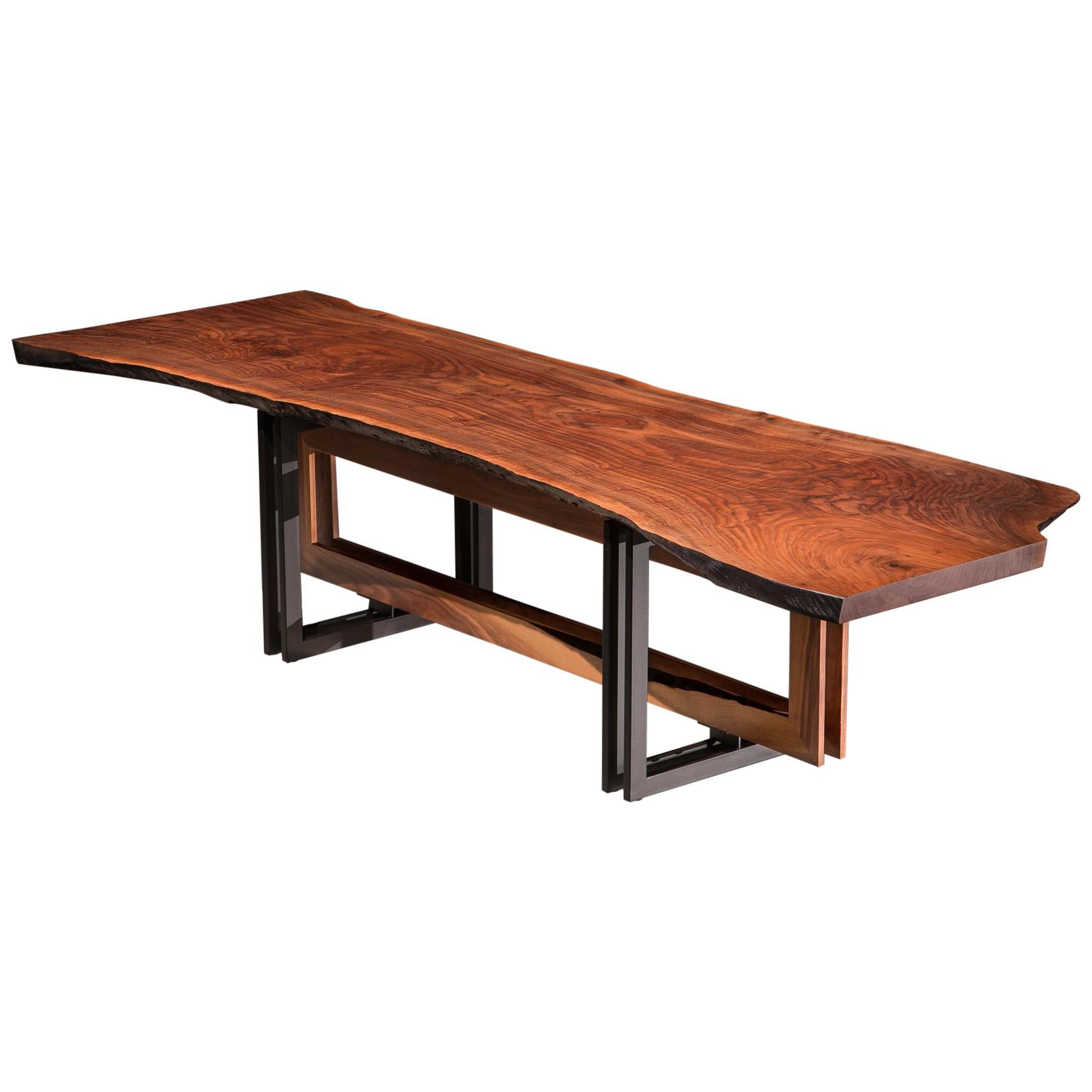 Live Edge Walnut Slab on Black Steel and Solid Walnut Base "Alter Dining Table" For Sale
