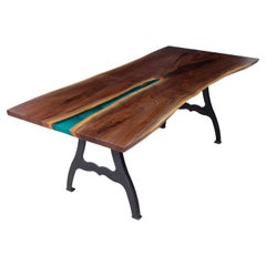 Live Edge Walnut Table Blueish Resin River Industrial Legs of Cast Iron