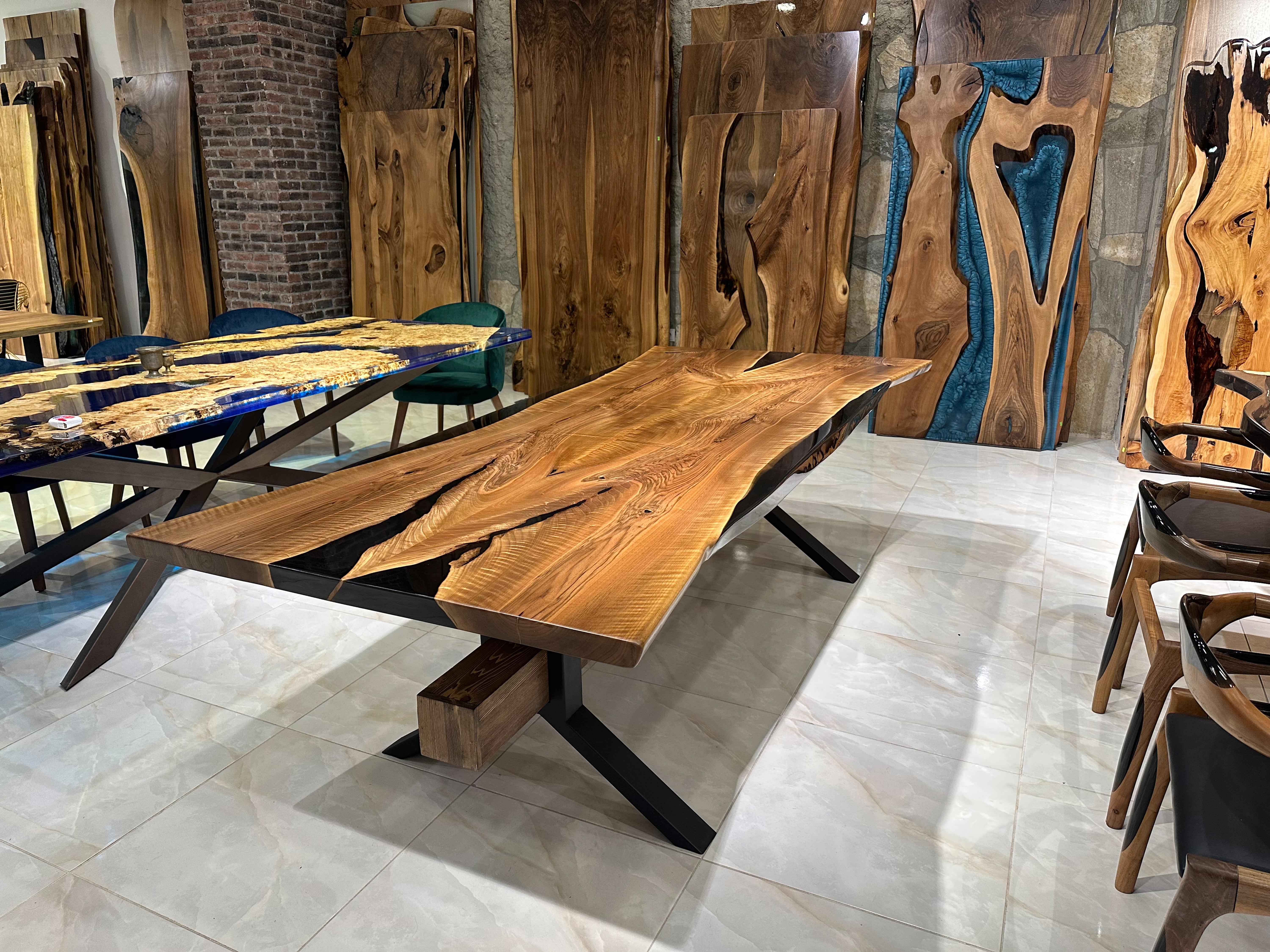 Aluminum Black Walnut Dark Wood Custom Dining Table - Large Table For Sale