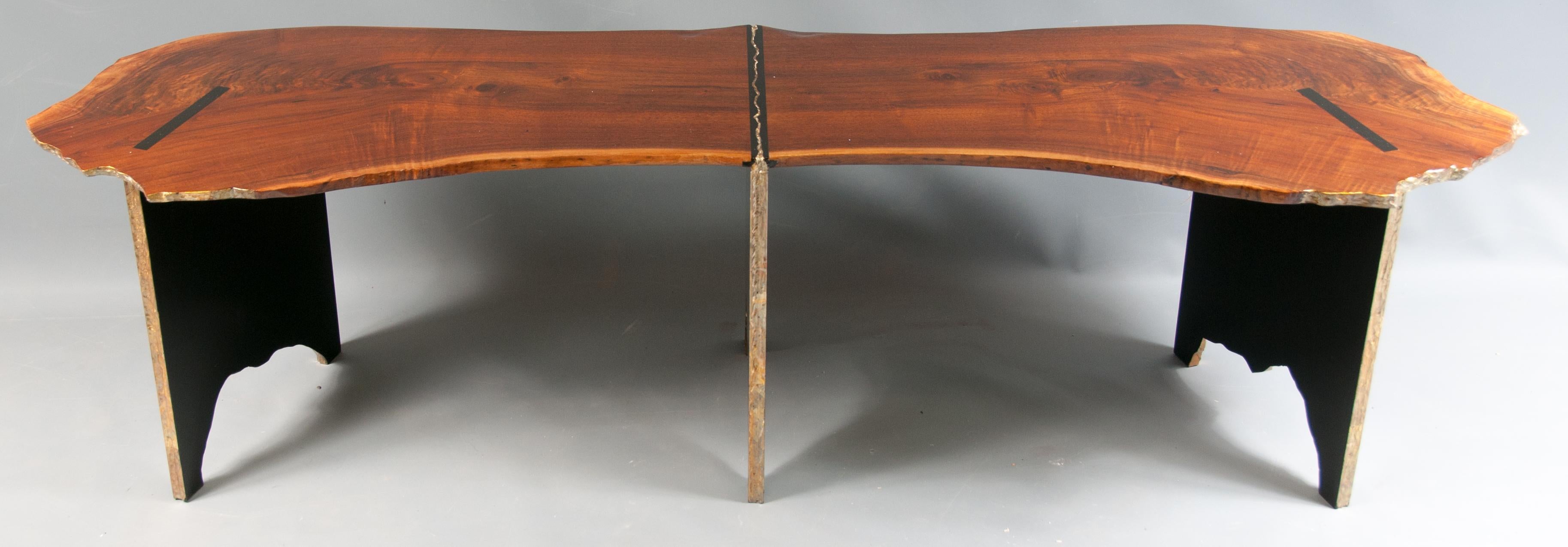 North American Live Edge Walnut Trestle Form Coffee Table with Carved and Gilt Elements For Sale