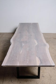 Live Edge White Oak Table Gray Finish on Modern Black Steel Square Base