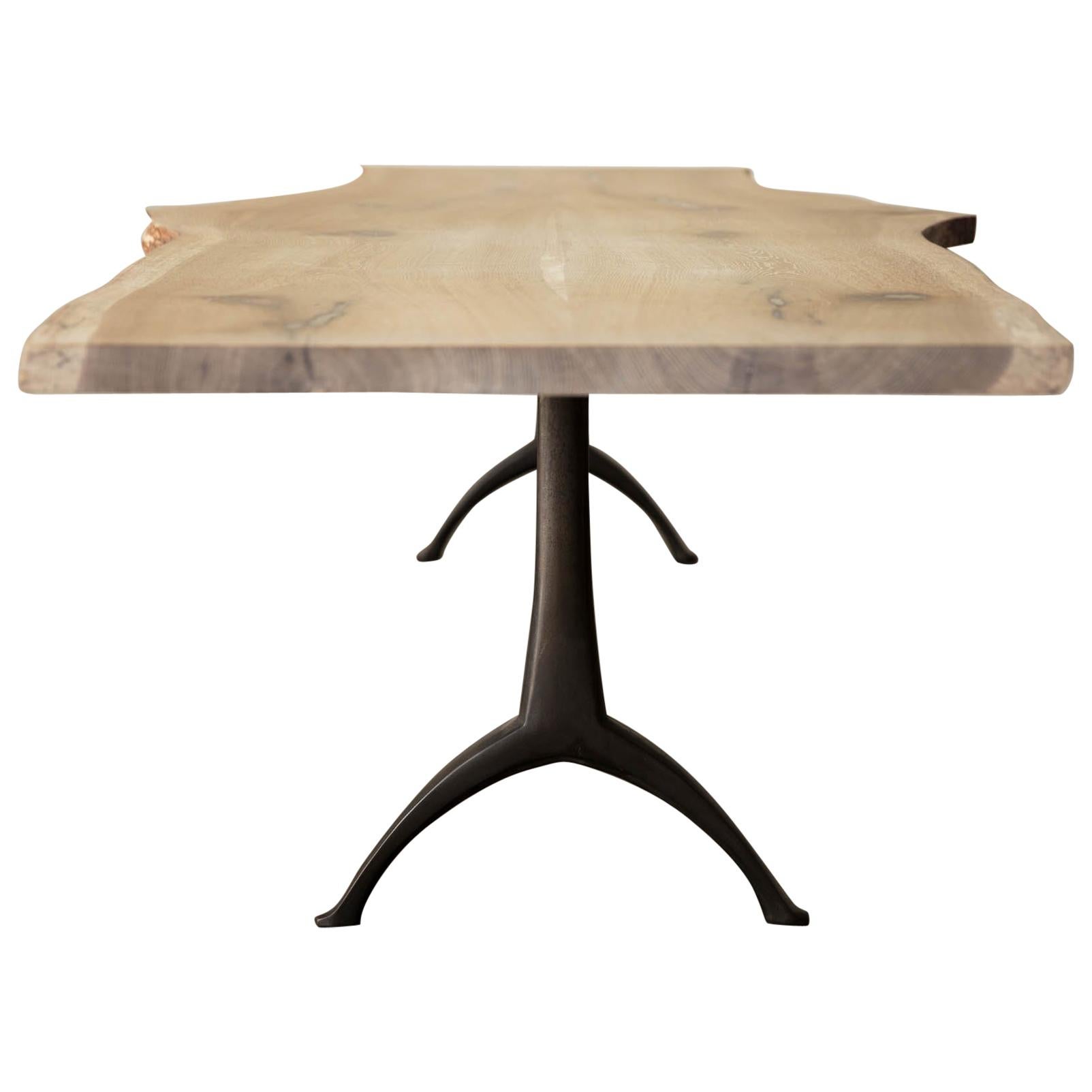 Live Edge White Oak Table Pewter Inlays Hand Cast Black Steel Pedestal Base