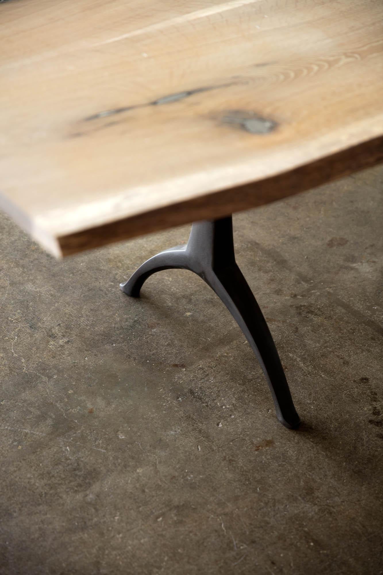 Live Edge White Oak Table Pewter Inlays Hand Cast Black Steel Pedestal Base For Sale 6