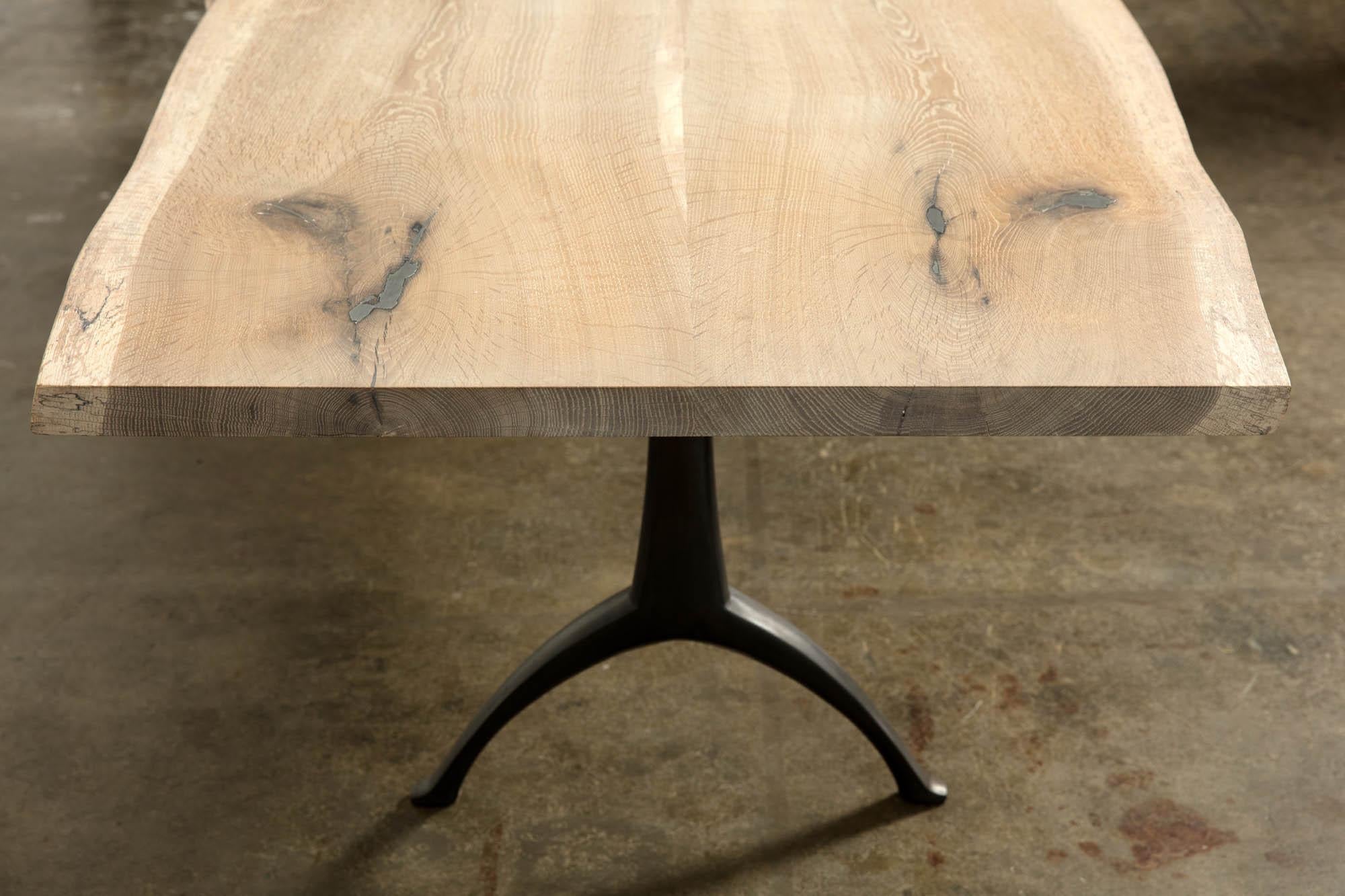 American Craftsman Live Edge White Oak Table Pewter Inlays Hand Cast Black Steel Pedestal Base For Sale