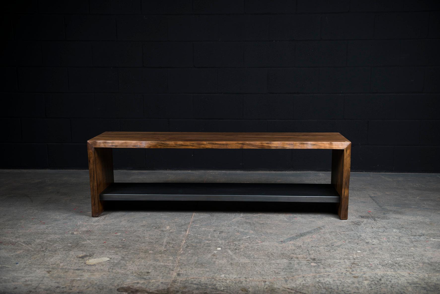 Organic Modern Live Edge Wood Bench, by Ambrozia, Oxidized Ambrosia Maple and Blackened Steel For Sale