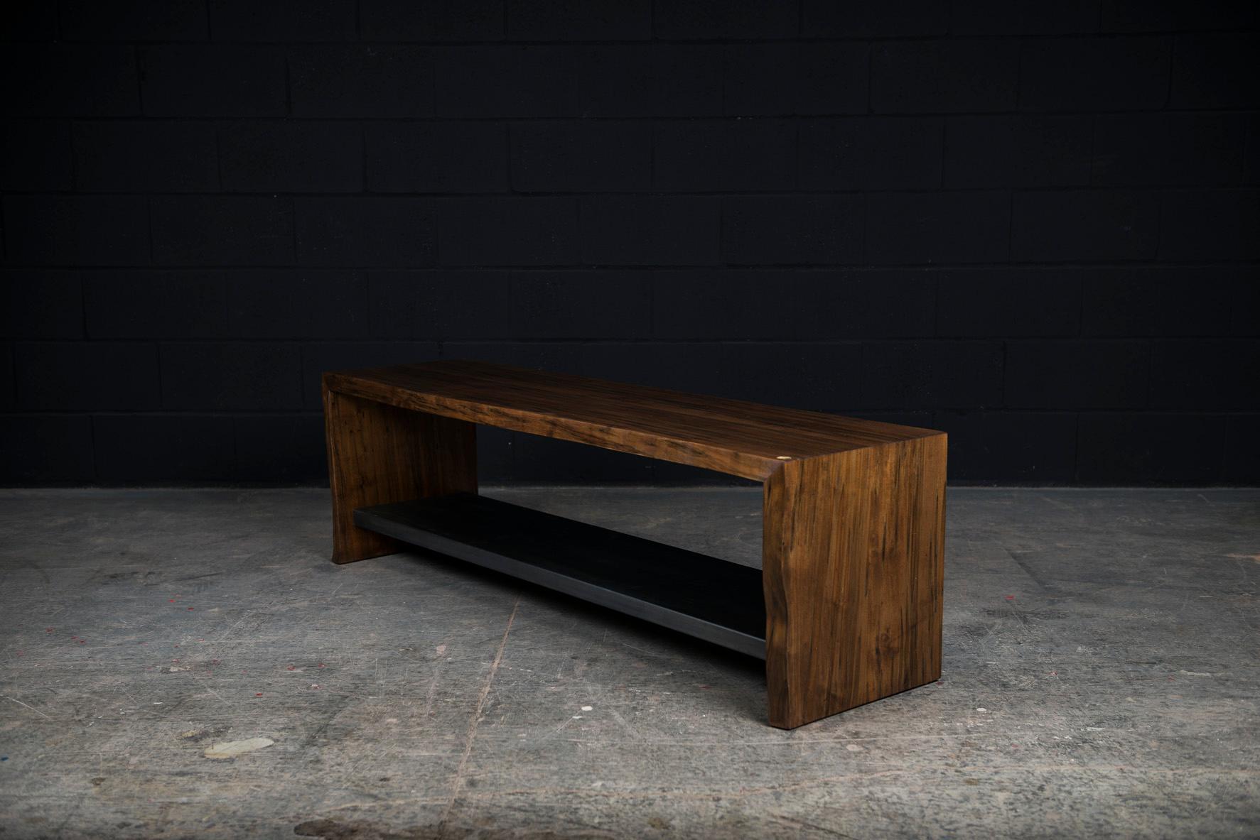 Canadian Live Edge Wood Bench, by Ambrozia, Oxidized Ambrosia Maple and Blackened Steel For Sale