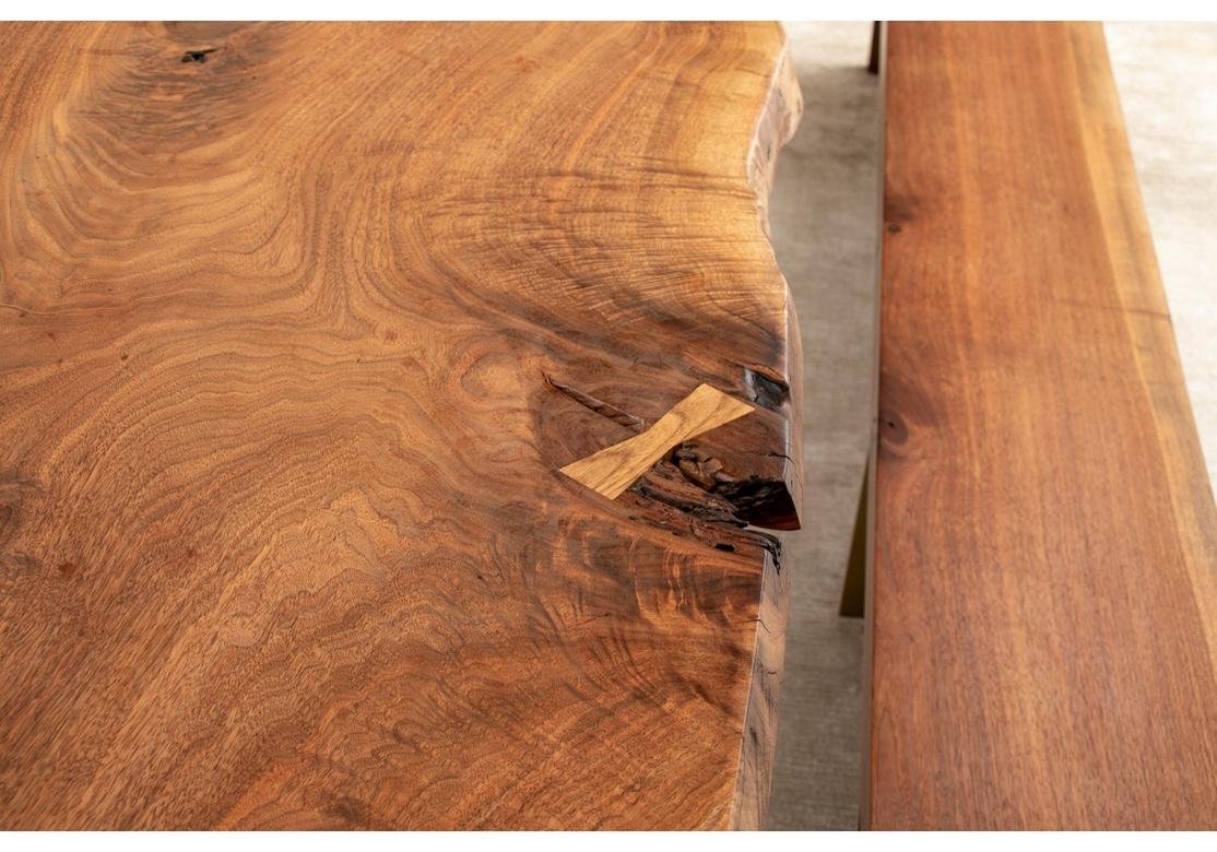 20th Century Live-Edge Wood Dining Table and Bench Pair After George Nakashima  For Sale