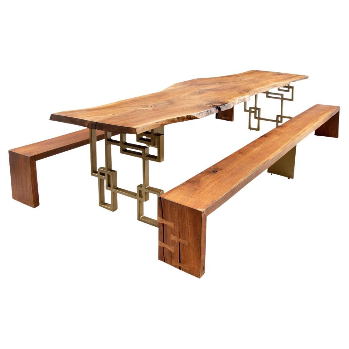 Live-Edge Wood Dining Table and Bench Pair After George Nakashima  For Sale