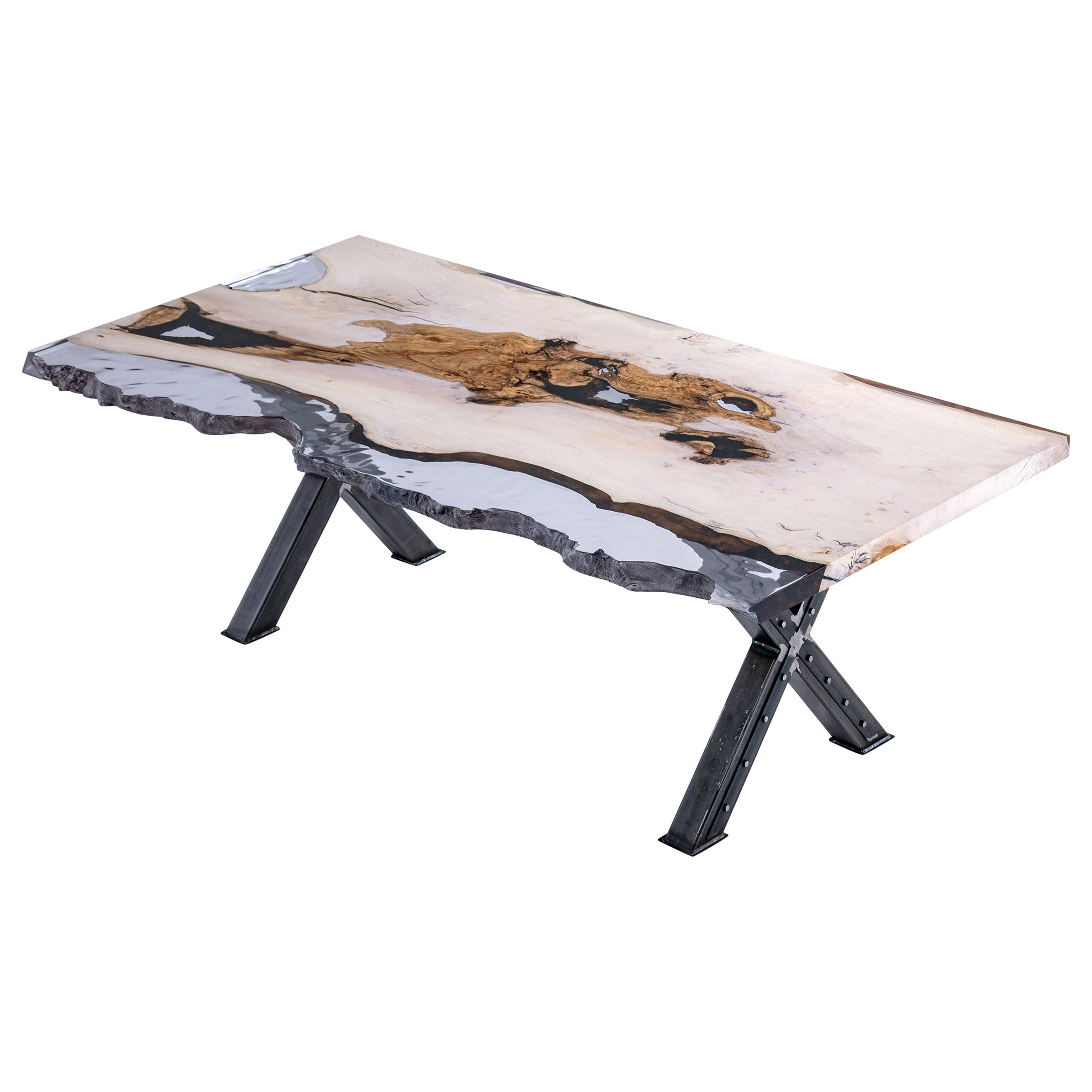 Arts and Crafts Live Edge Wood Dining Table - Ash Wood Kitchen Resin Table For Sale
