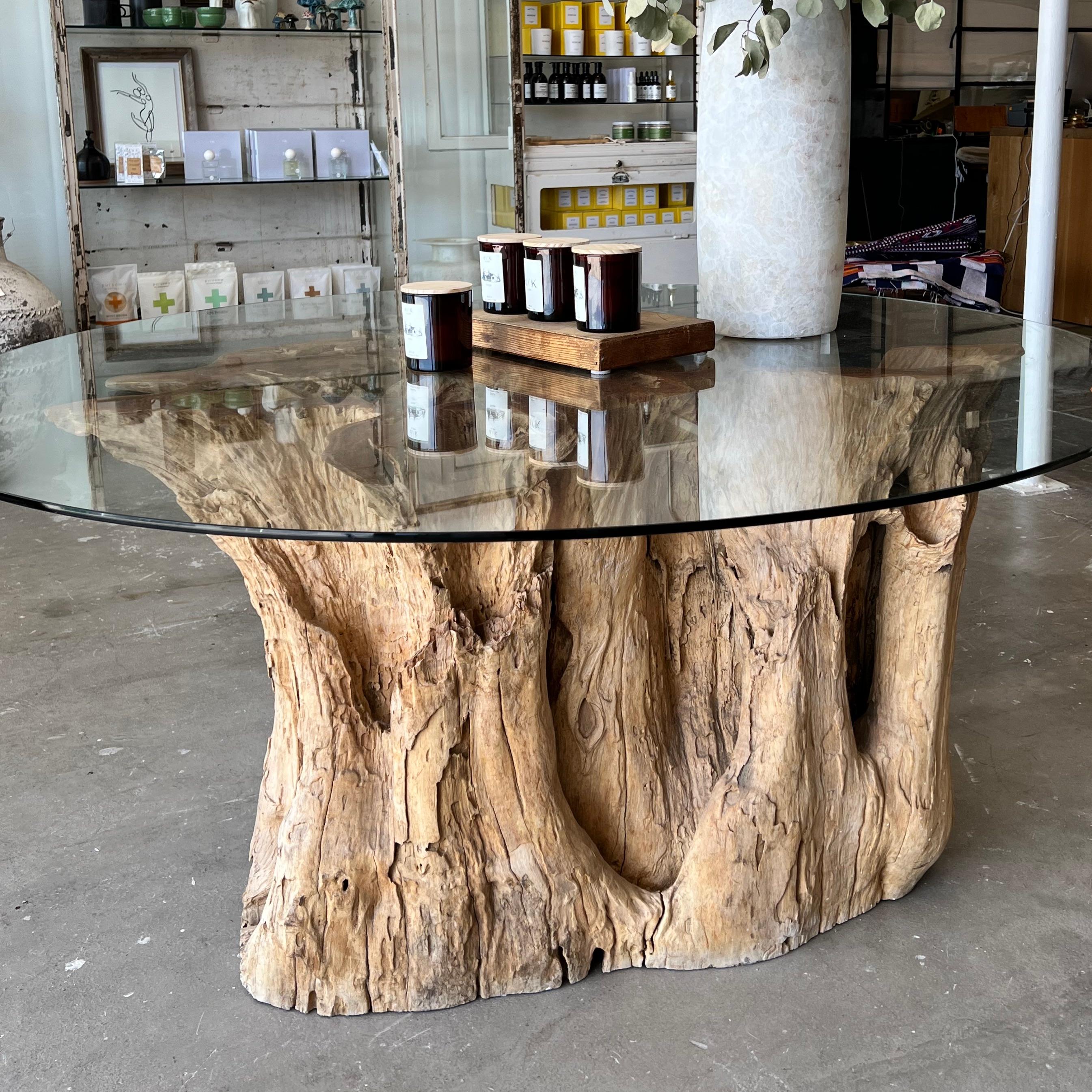 Live Edge Wood Dining Table with Glass Top In Fair Condition In Los Angeles, CA