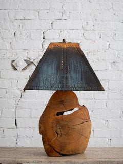 Live Edge Wood Lamp With Verdigris Punched Copper Shade