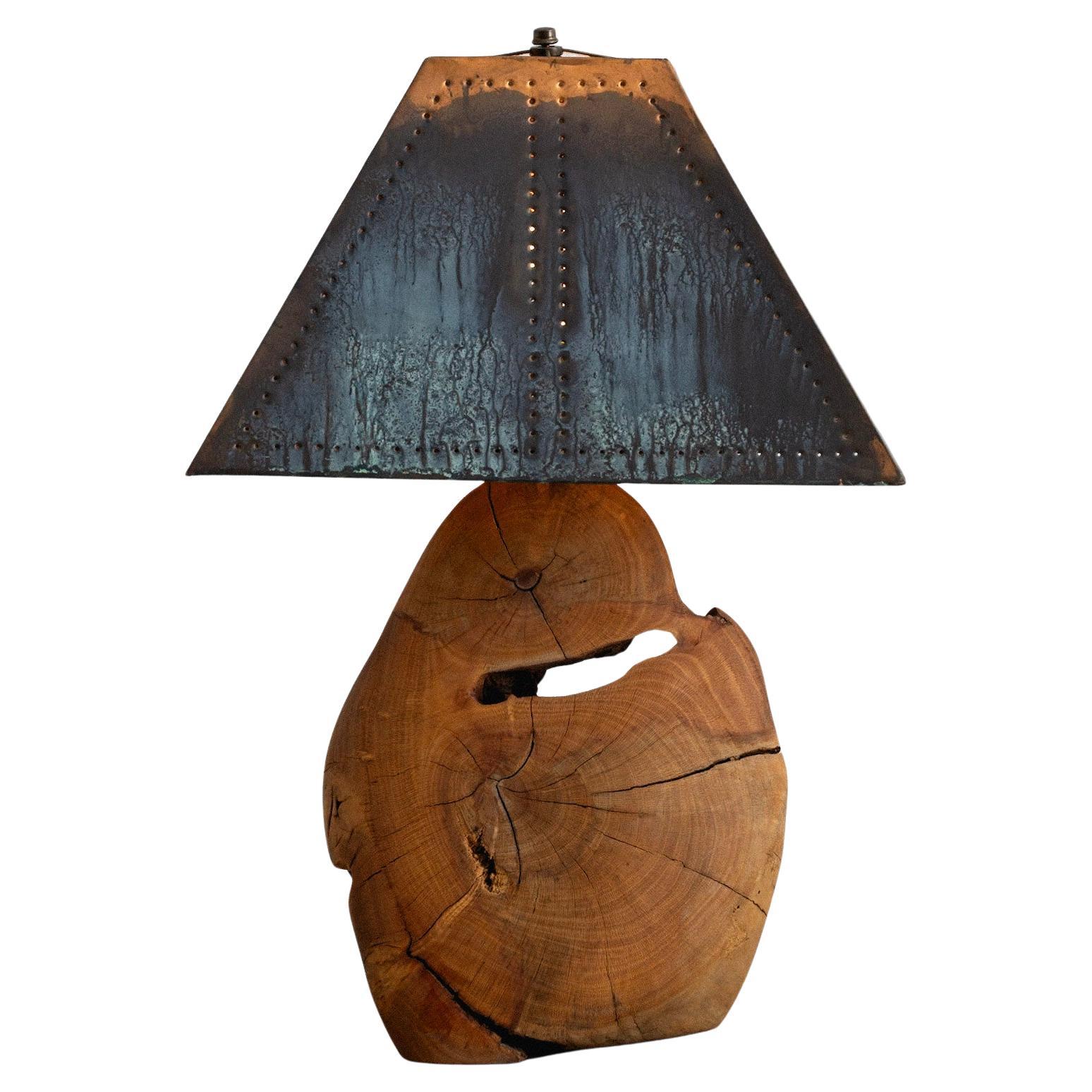 Live Edge Wood Lamp With Verdigris Punched Copper Shade For Sale