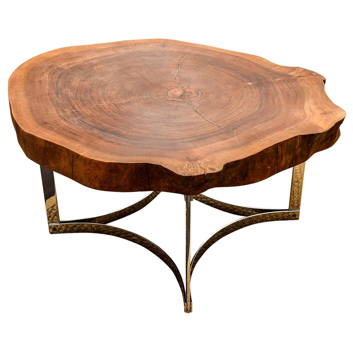 Live Edge Wood Slab Coffee Table on a Modernist Chrome Base by Jean Hubeaux