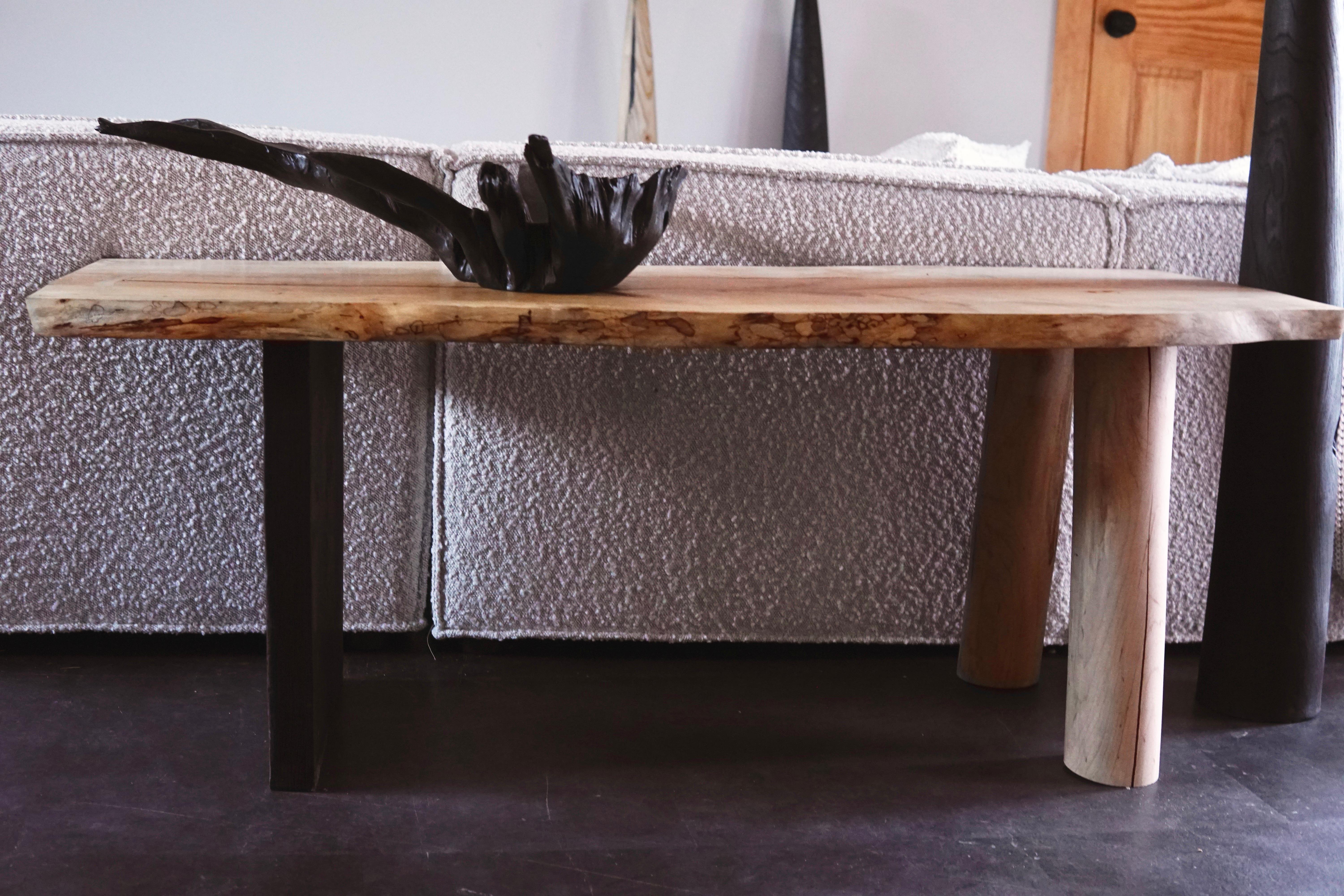 Live Edged Spalted Maple Modern Bench with two types of legs. For Sale