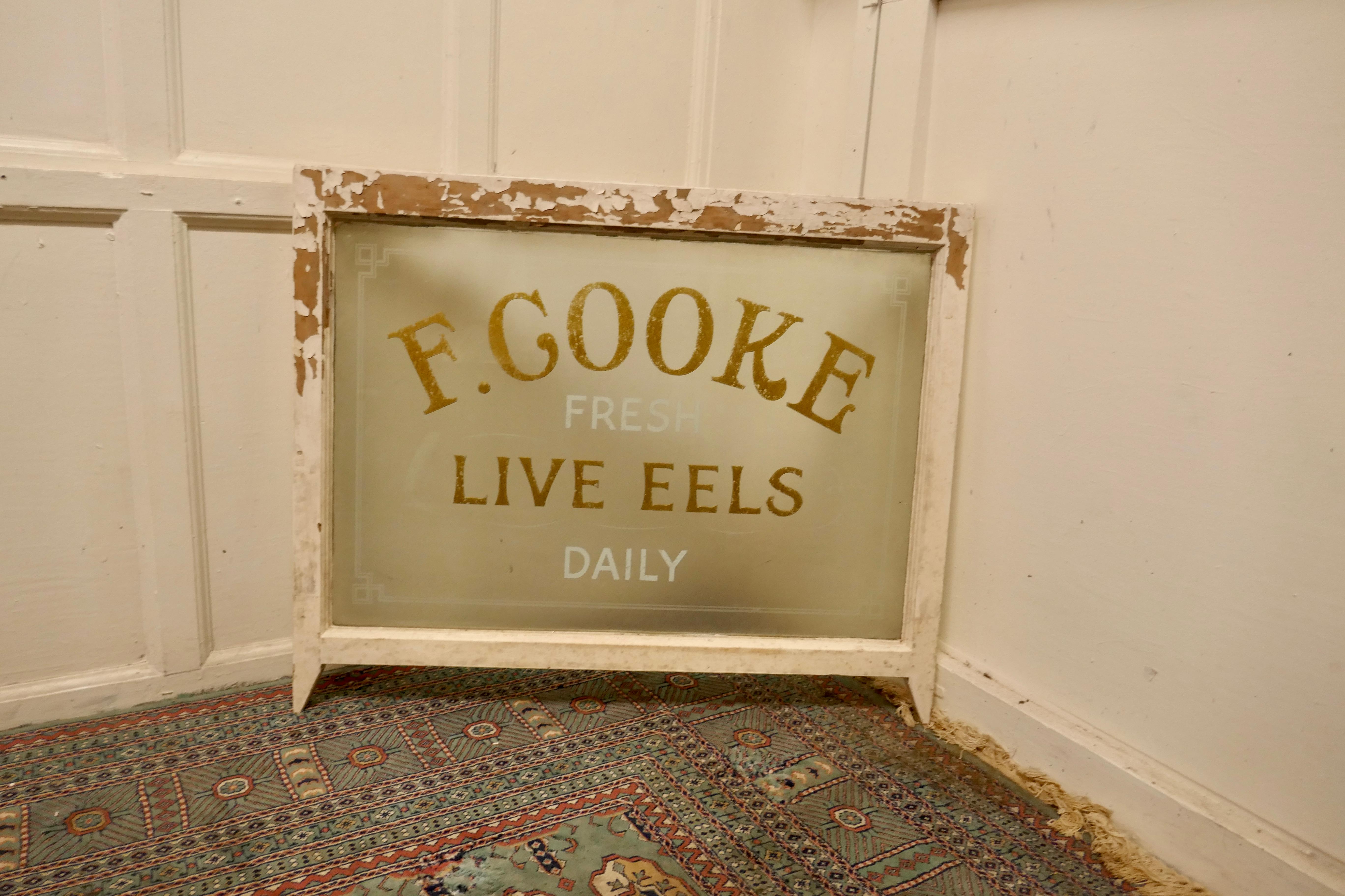 Live Eel and Pie Shop Window, Etched Glass Advertising Sign For Sale 1